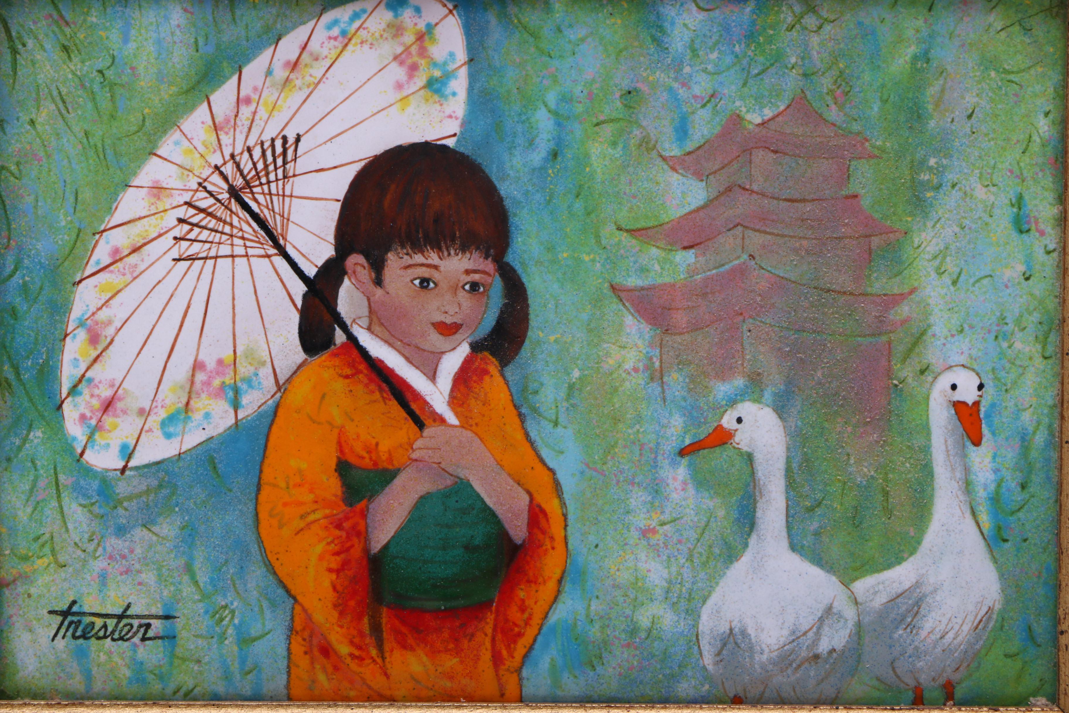 Lorraine Trester Enamel Artwork of a Girl in a Kimono