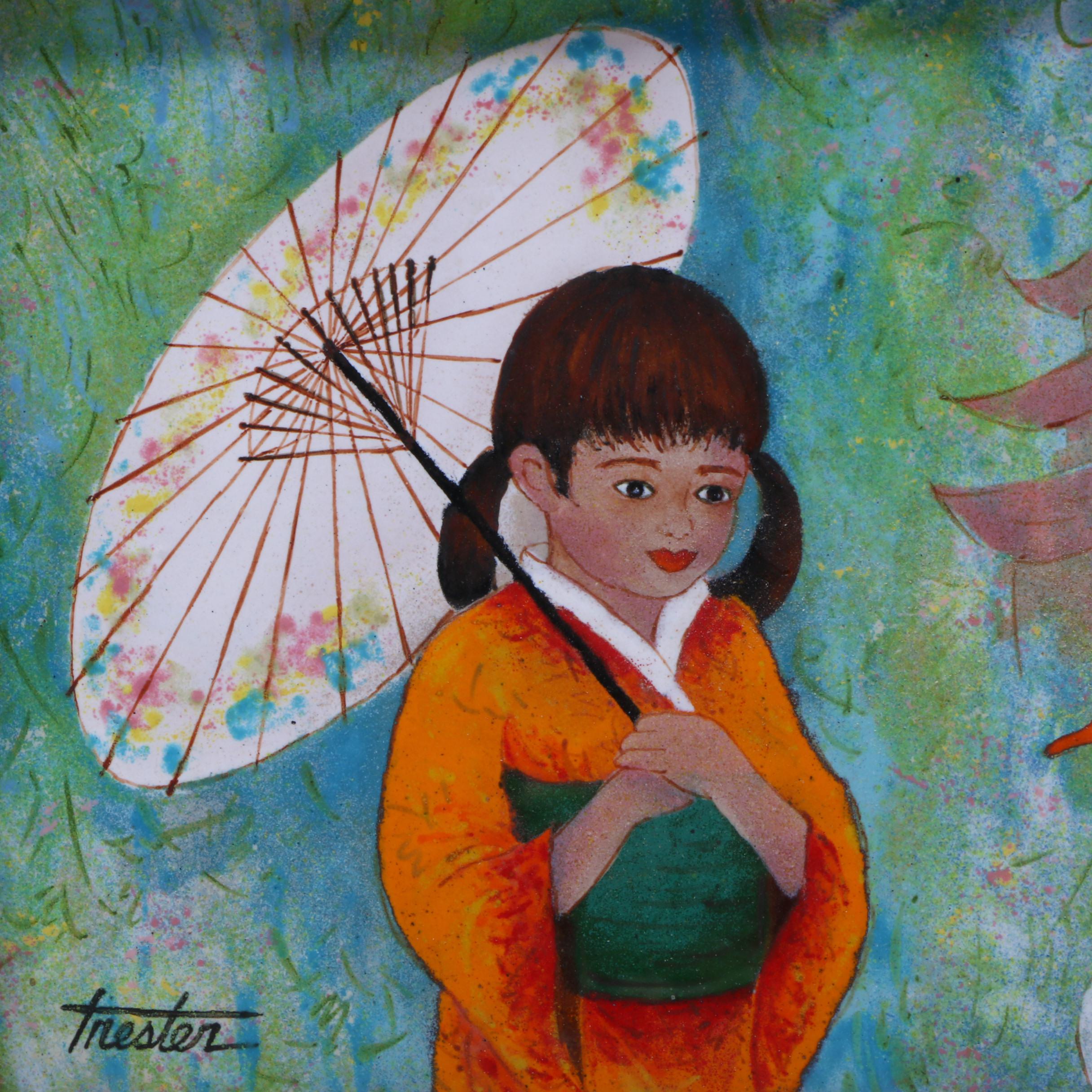 Lorraine Trester Enamel Artwork of a Girl in a Kimono