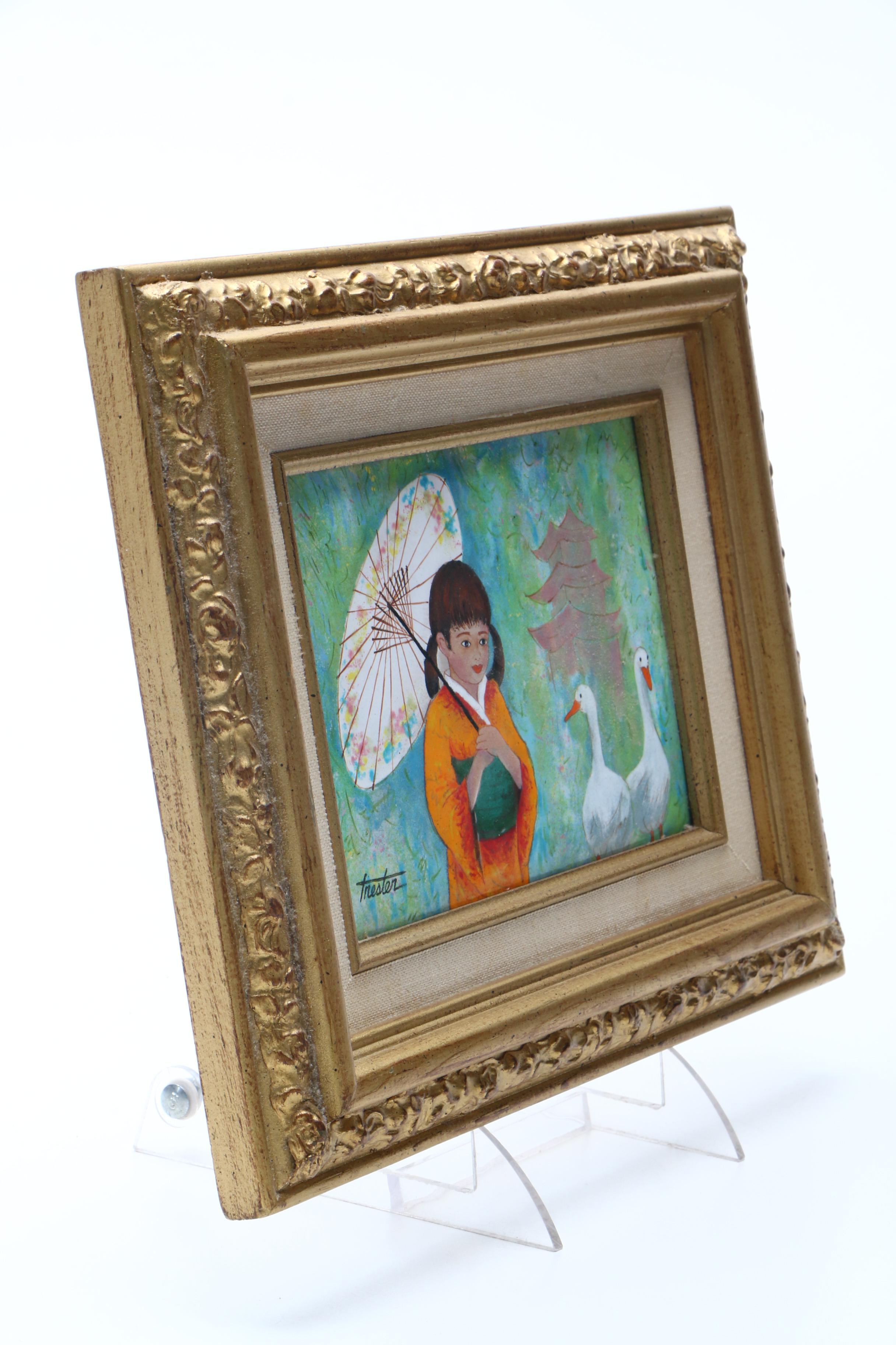 Lorraine Trester Enamel Artwork of a Girl in a Kimono