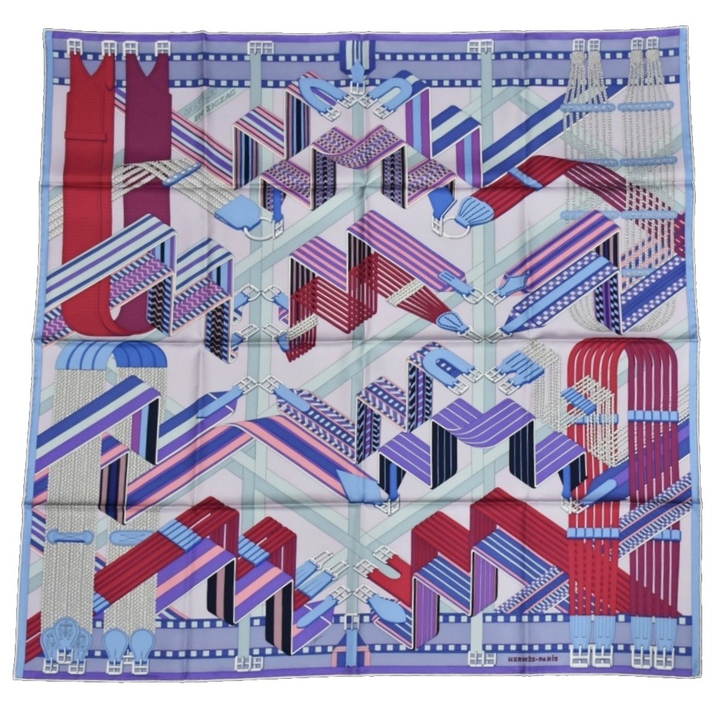 Hermes of Paris "Sangles en Zigzag" Silk Scarf in Lilac and Framboise