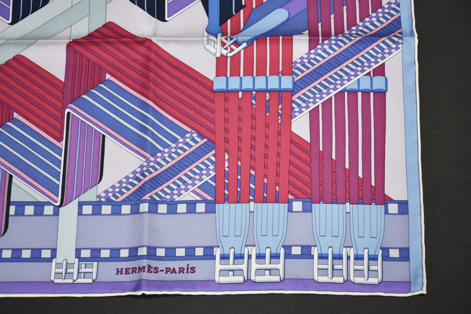 Hermes of Paris "Sangles en Zigzag" Silk Scarf in Lilac and Framboise