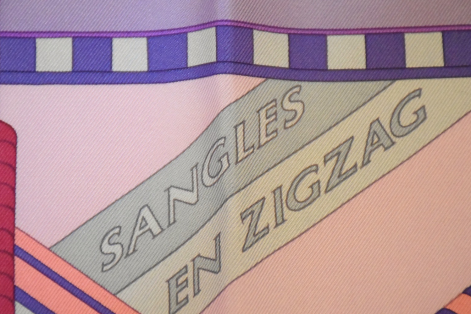 Hermes of Paris "Sangles en Zigzag" Silk Scarf in Lilac and Framboise
