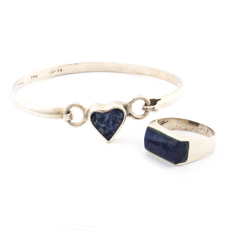 Sterling Silver Sodalite and Lapis Lazuli Ring and Bangle