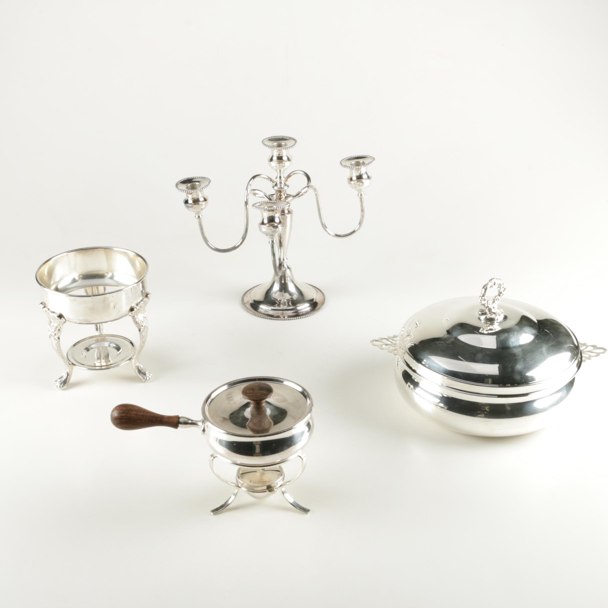Silver Plate Serveware and Candelabra Featuring Sheffield and Sheridan
