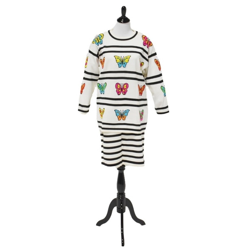 Escada Black and White Knit Sweater and Skirt with Colorful Butterflies