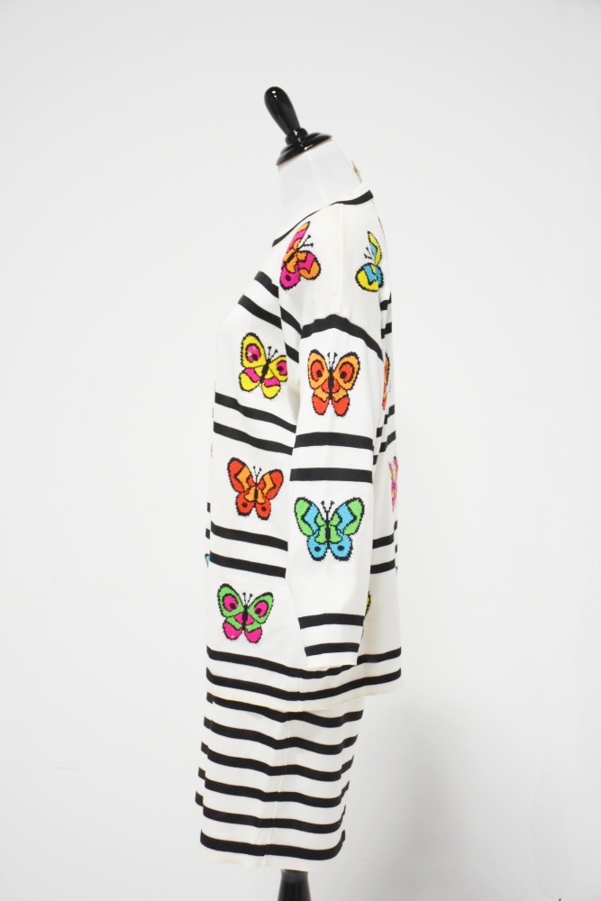 Escada Black and White Knit Sweater and Skirt with Colorful Butterflies