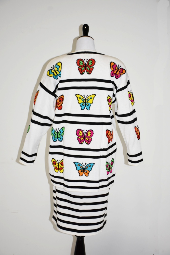 Escada Black and White Knit Sweater and Skirt with Colorful Butterflies