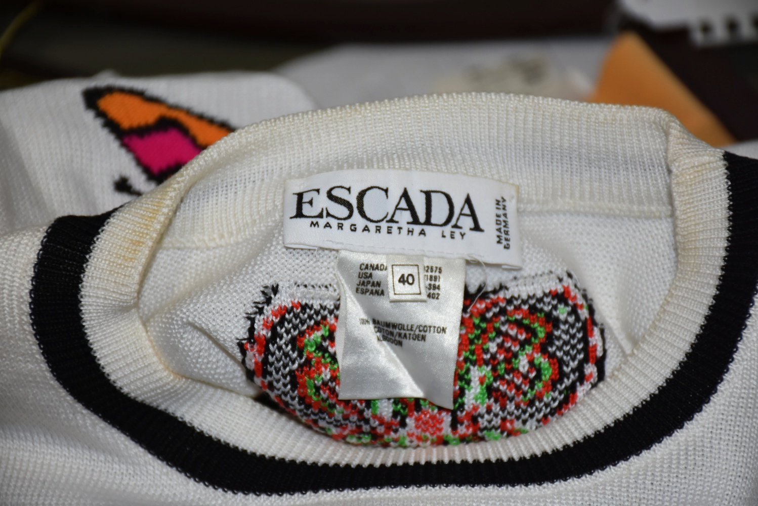 Escada Black and White Knit Sweater and Skirt with Colorful Butterflies