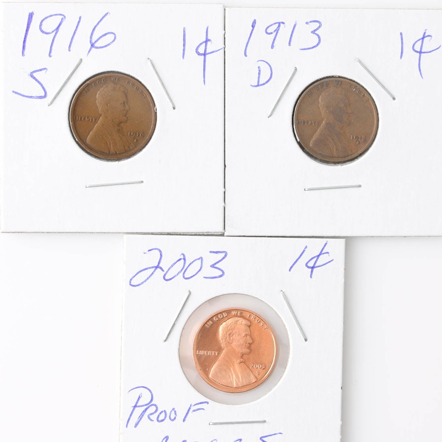 Group of 3 Lincoln Cents: 1913-D, 1916-S, and a 2003-S