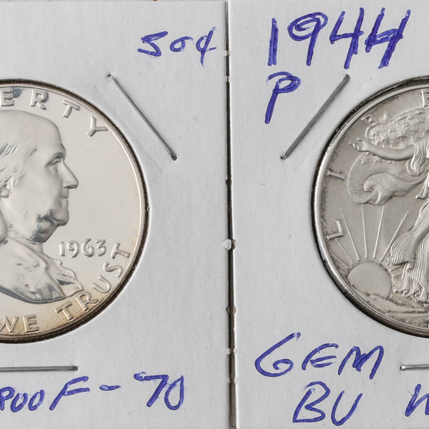 Two Silver Half Dollars including a 1944 Walking Liberty and 1963 Franklin Proof