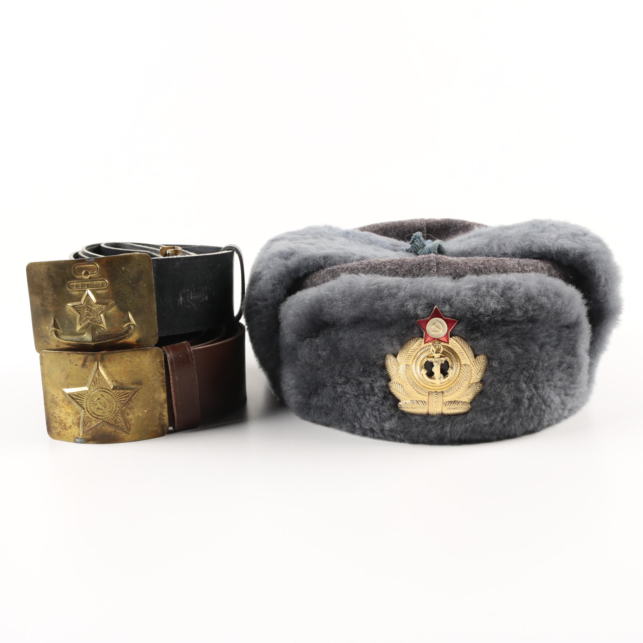 Soviet Union Naval Officer Ushanka Hat with Two Belts