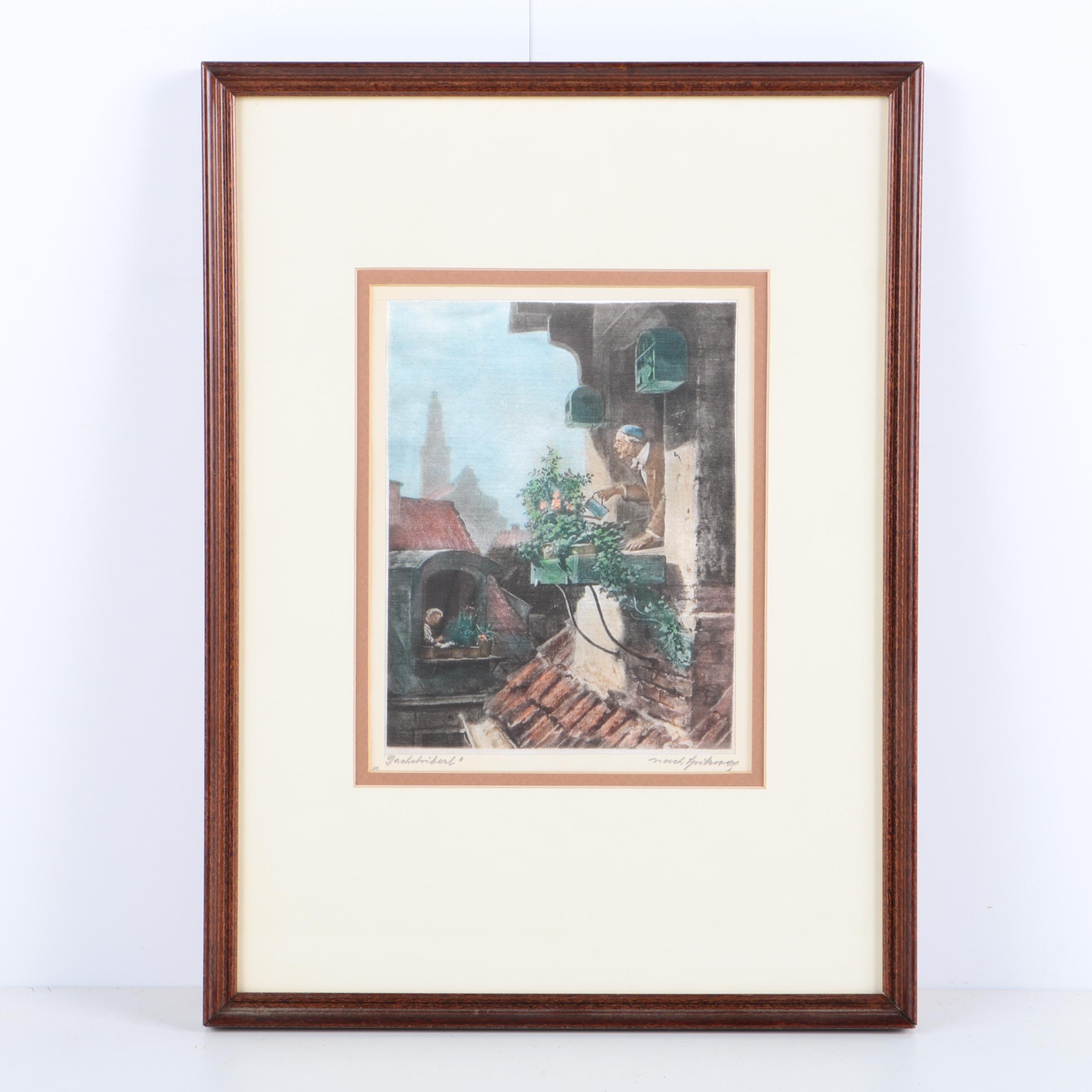 Watercolor Embellished Print on Silk of Figures Watering Window Plants