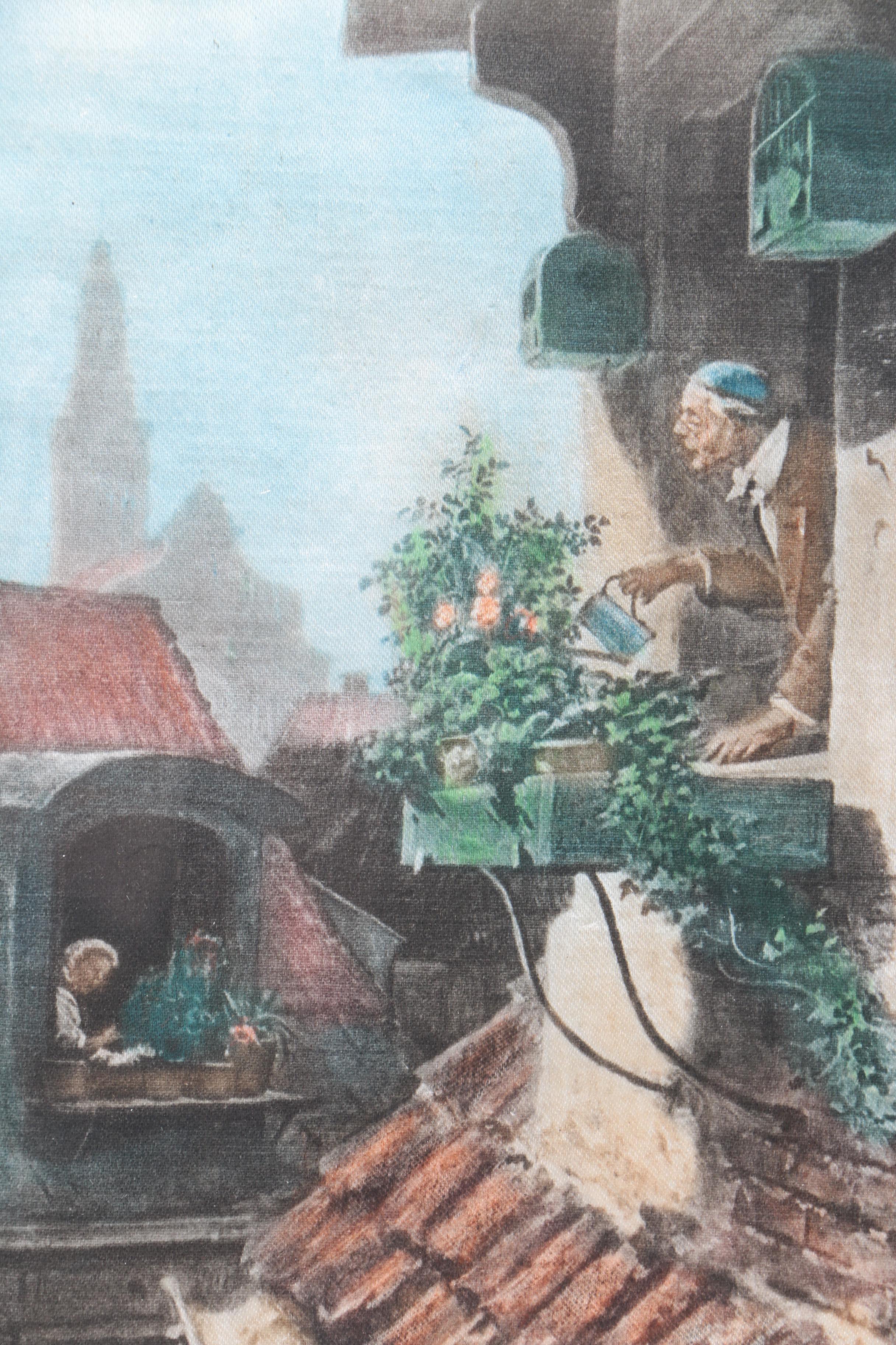 Watercolor Embellished Print on Silk of Figures Watering Window Plants