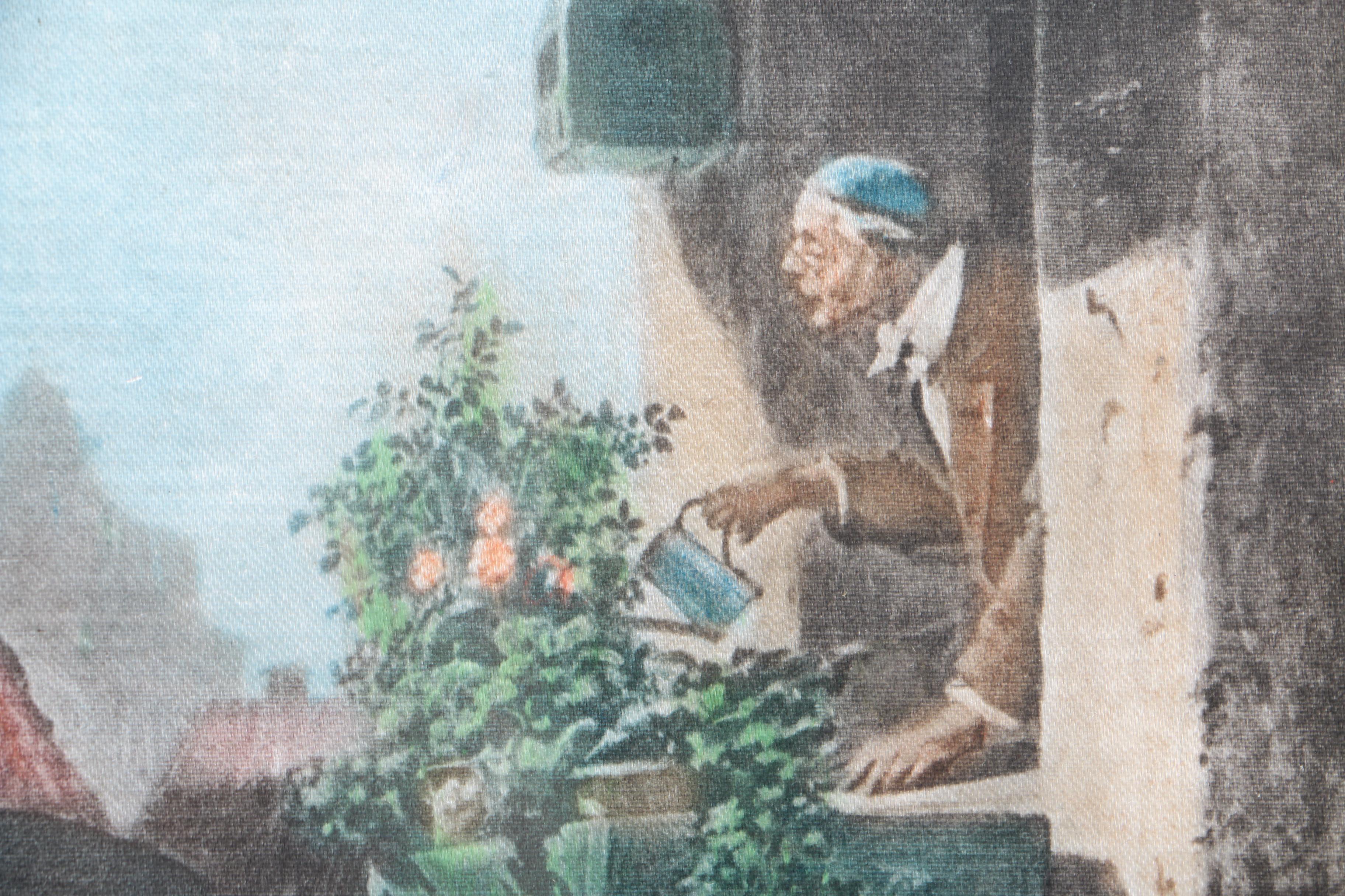 Watercolor Embellished Print on Silk of Figures Watering Window Plants