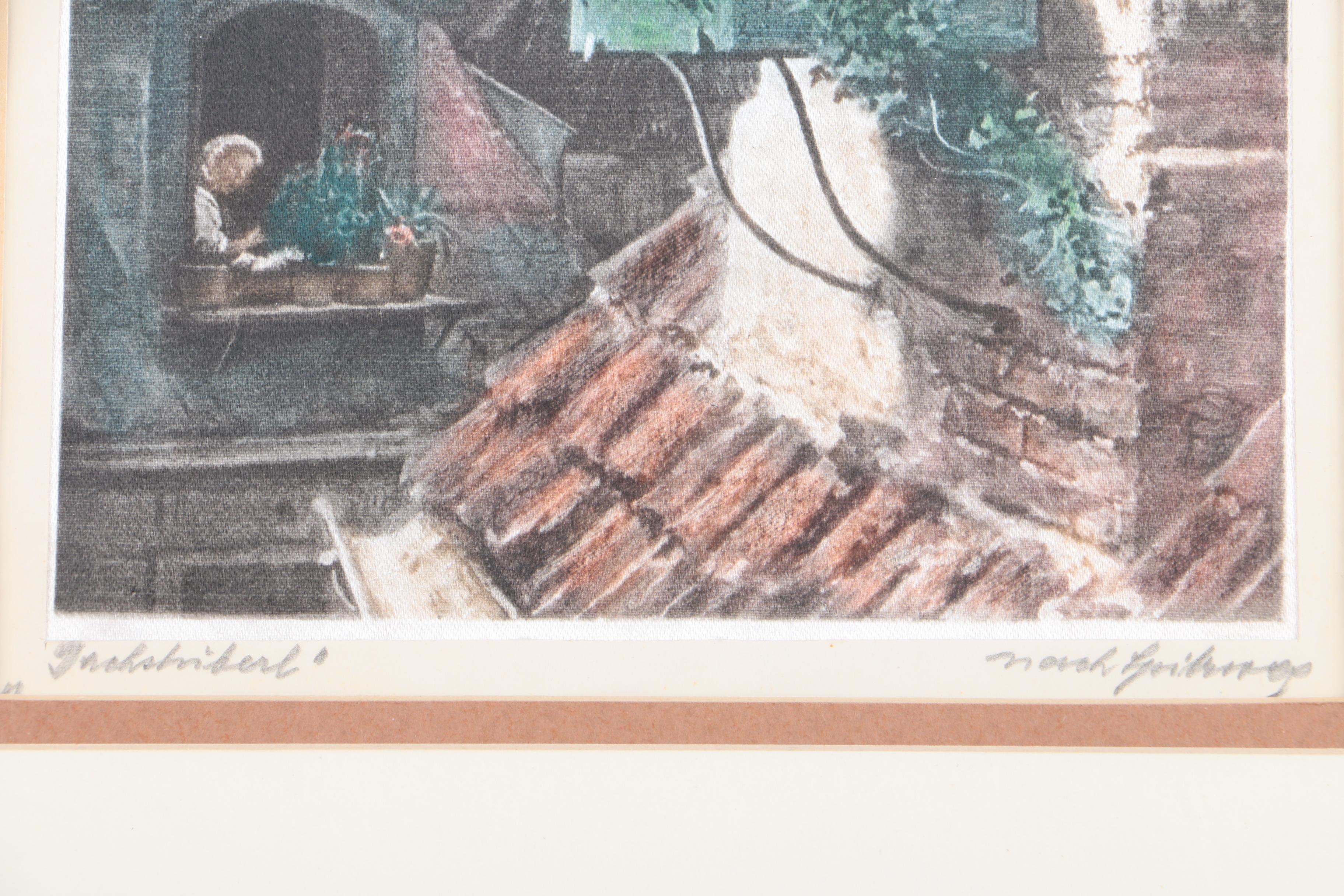 Watercolor Embellished Print on Silk of Figures Watering Window Plants