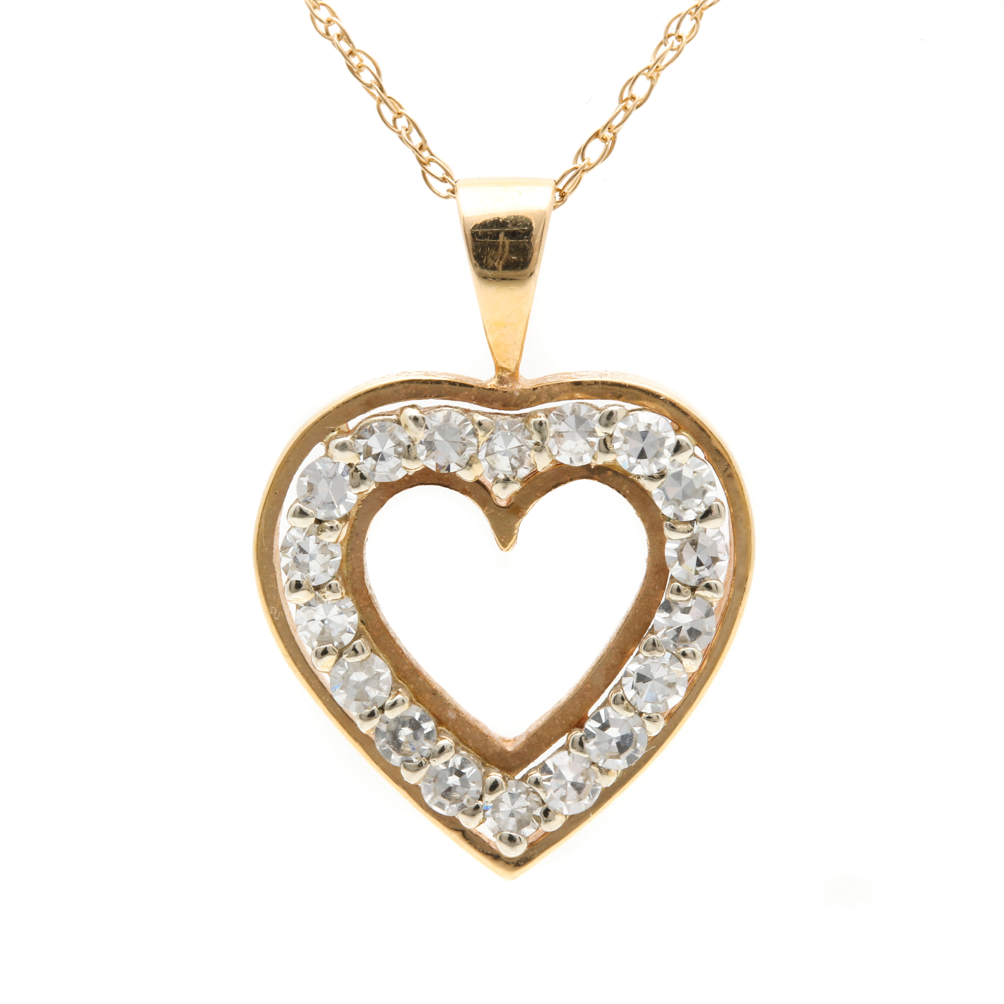 14K Yellow Gold Diamond Heart Pendant With 10K Yellow Gold Necklace