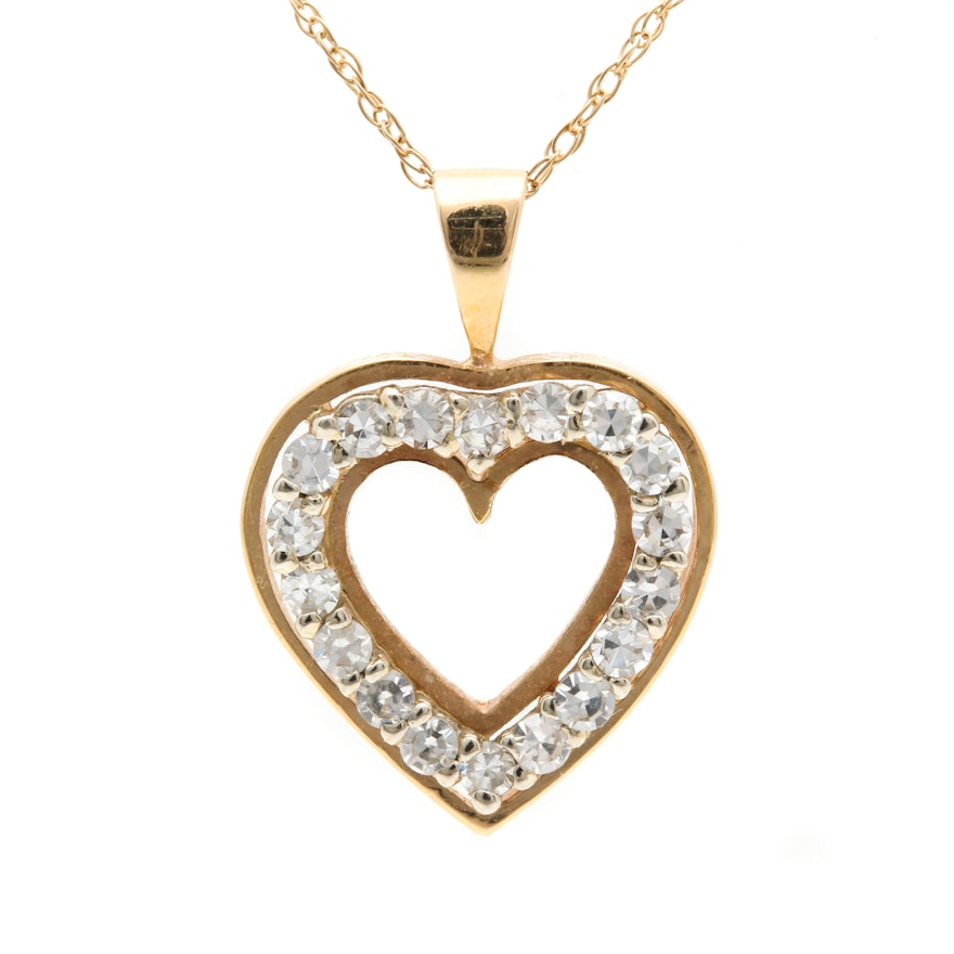 14K Yellow Gold Diamond Heart Pendant With 10K Yellow Gold Necklace
