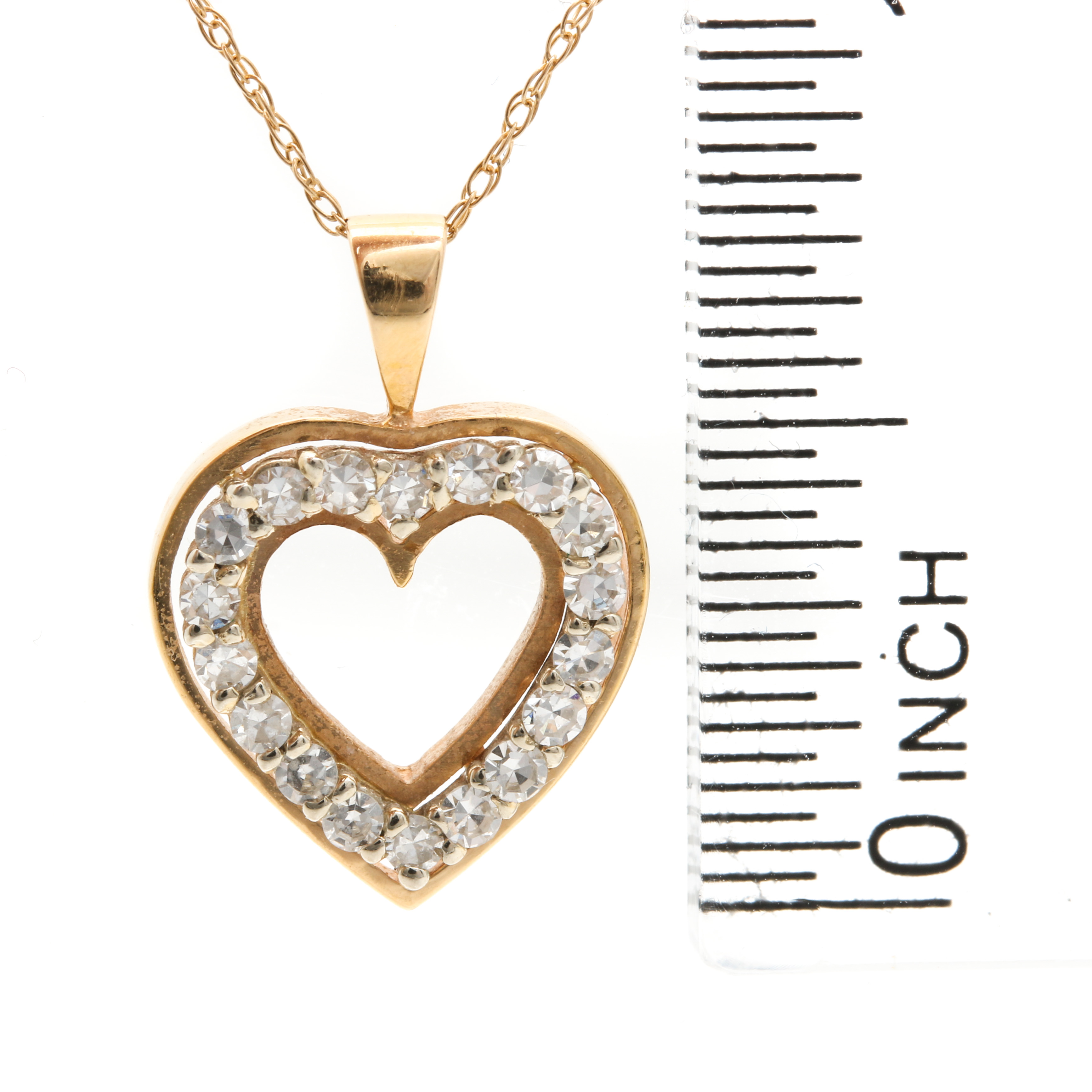 14K Yellow Gold Diamond Heart Pendant With 10K Yellow Gold Necklace