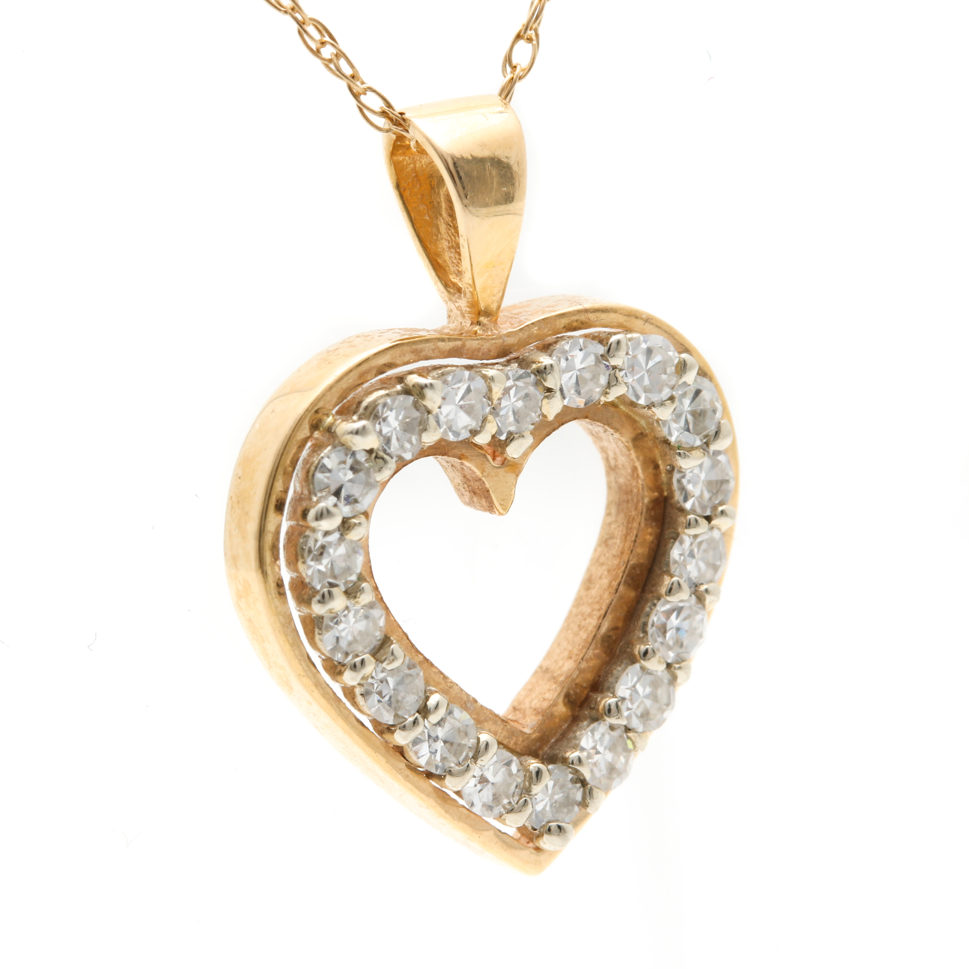 14K Yellow Gold Diamond Heart Pendant With 10K Yellow Gold Necklace