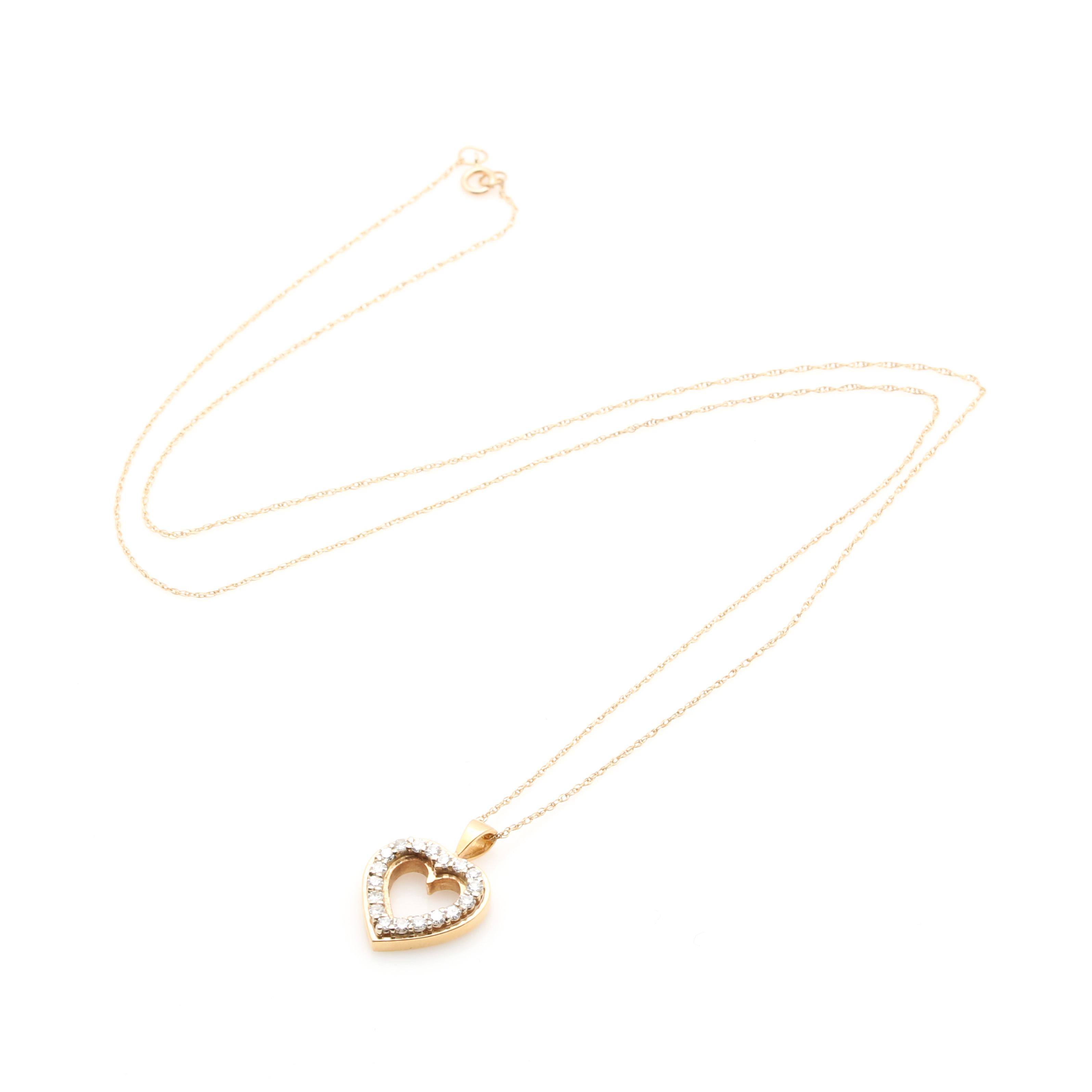 14K Yellow Gold Diamond Heart Pendant With 10K Yellow Gold Necklace