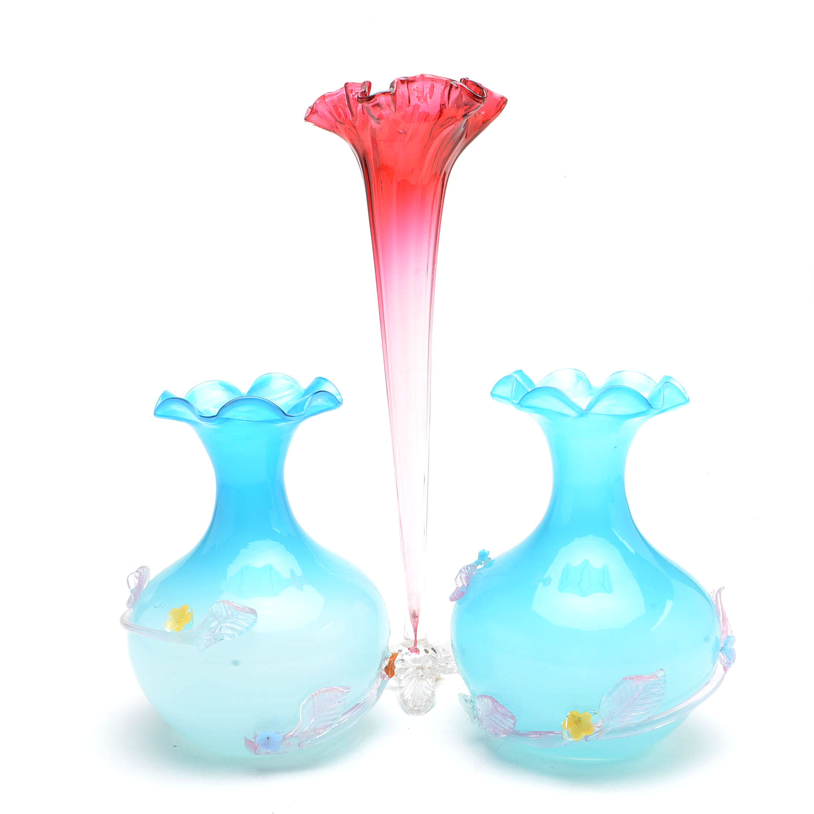 Victorian Rubina Art Glass Vase and Two Frosted Blown Glass Vases
