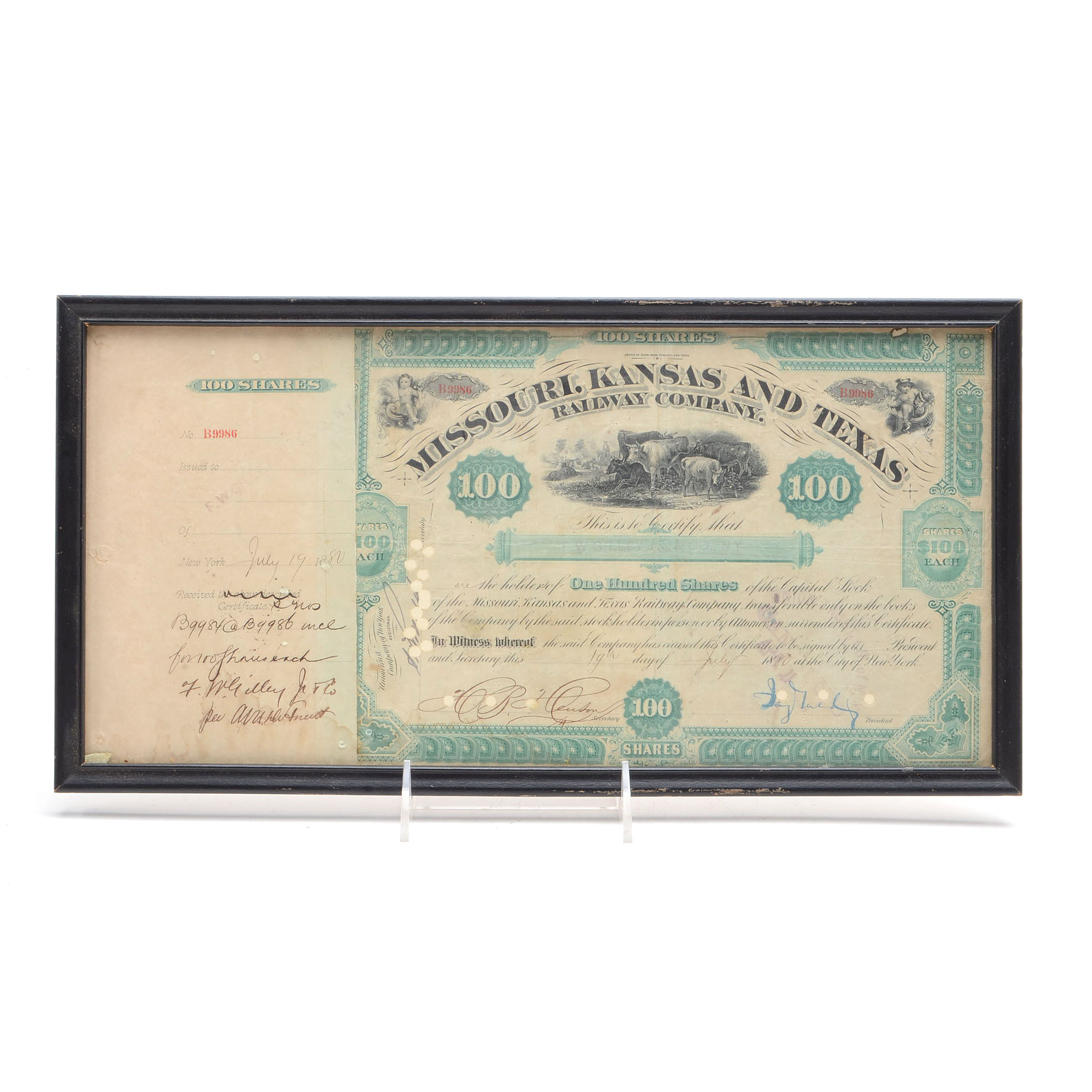 1880 Missouri, Kansas, and Texas Railroad Company Railroad Certificate