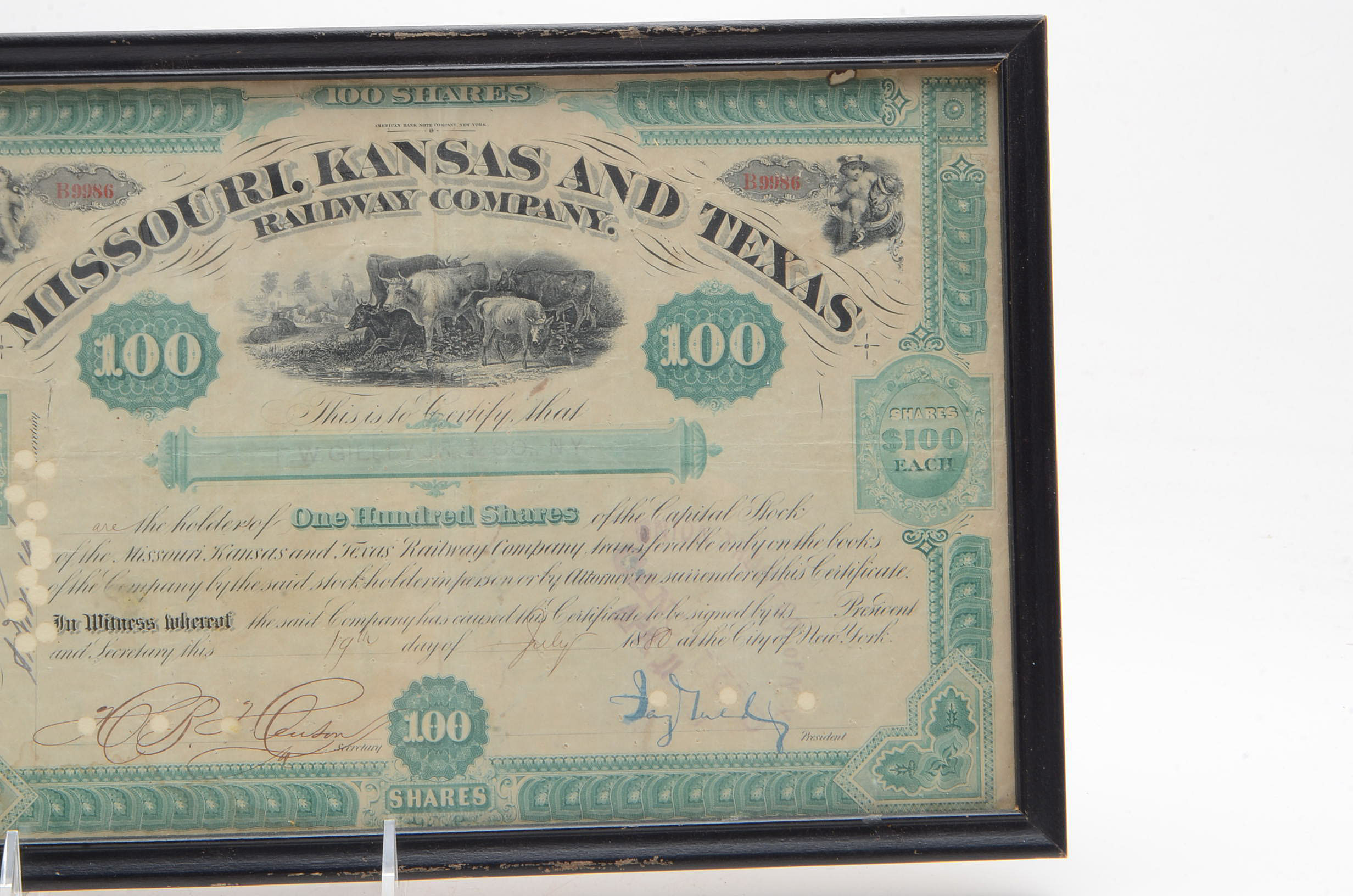 1880 Missouri, Kansas, and Texas Railroad Company Railroad Certificate