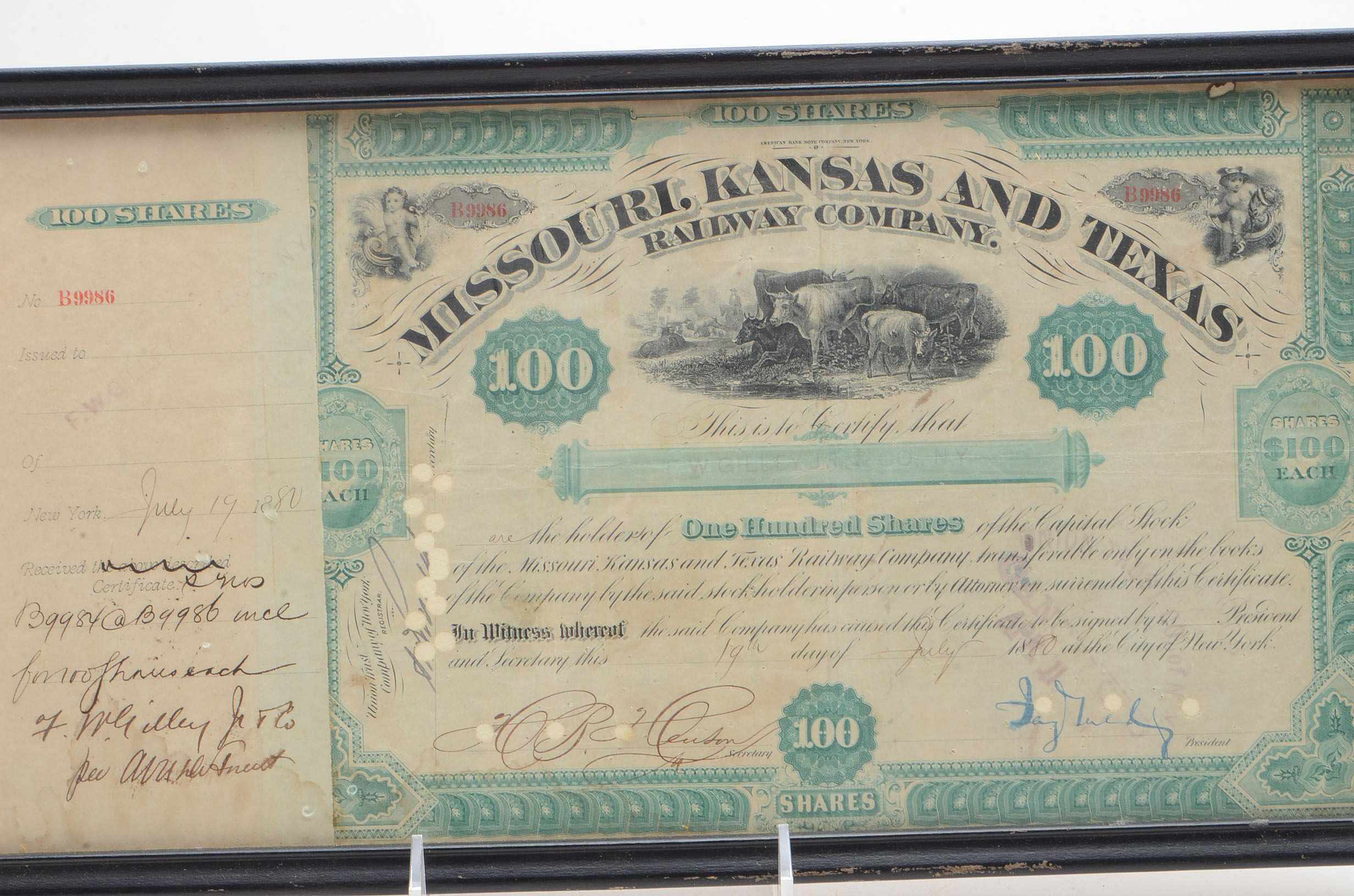 1880 Missouri, Kansas, and Texas Railroad Company Railroad Certificate