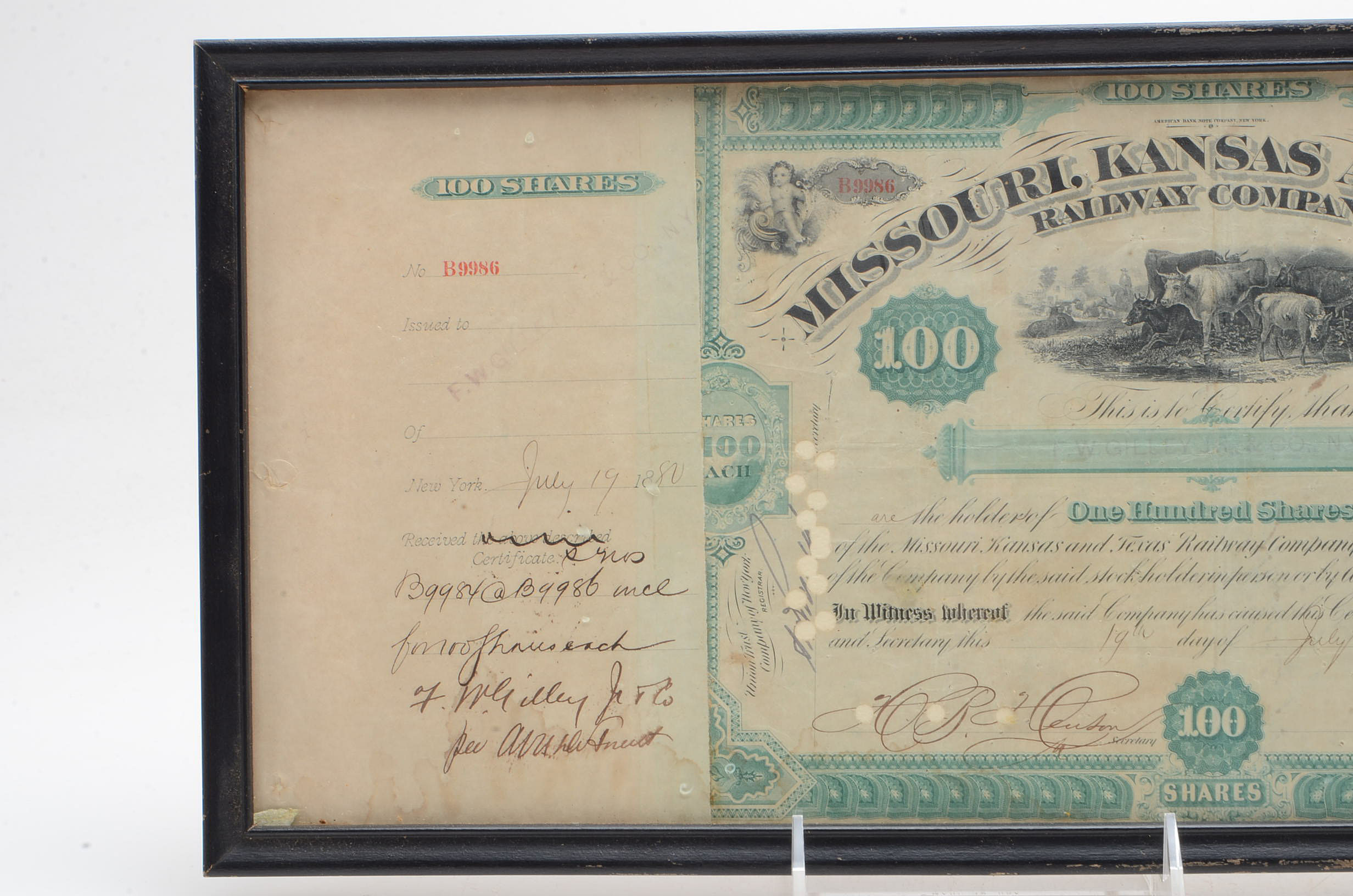 1880 Missouri, Kansas, and Texas Railroad Company Railroad Certificate
