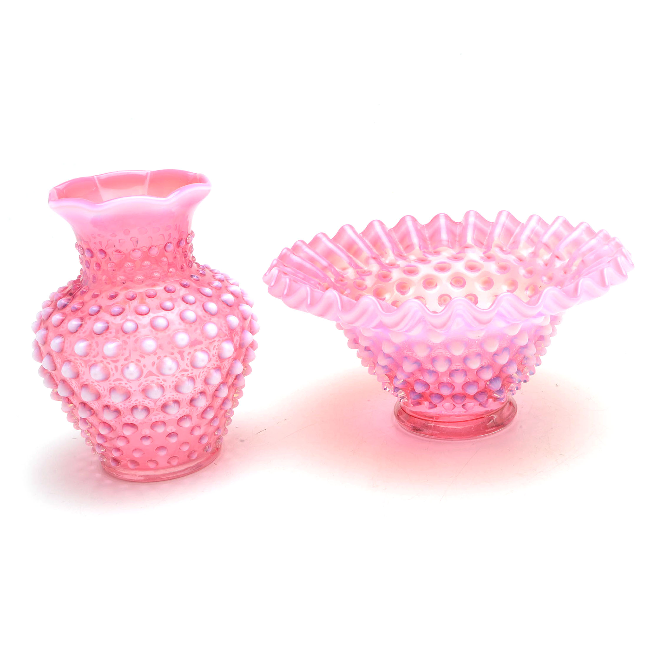 Fenton Cranberry Opalescent Hobnail Bowl and Vase