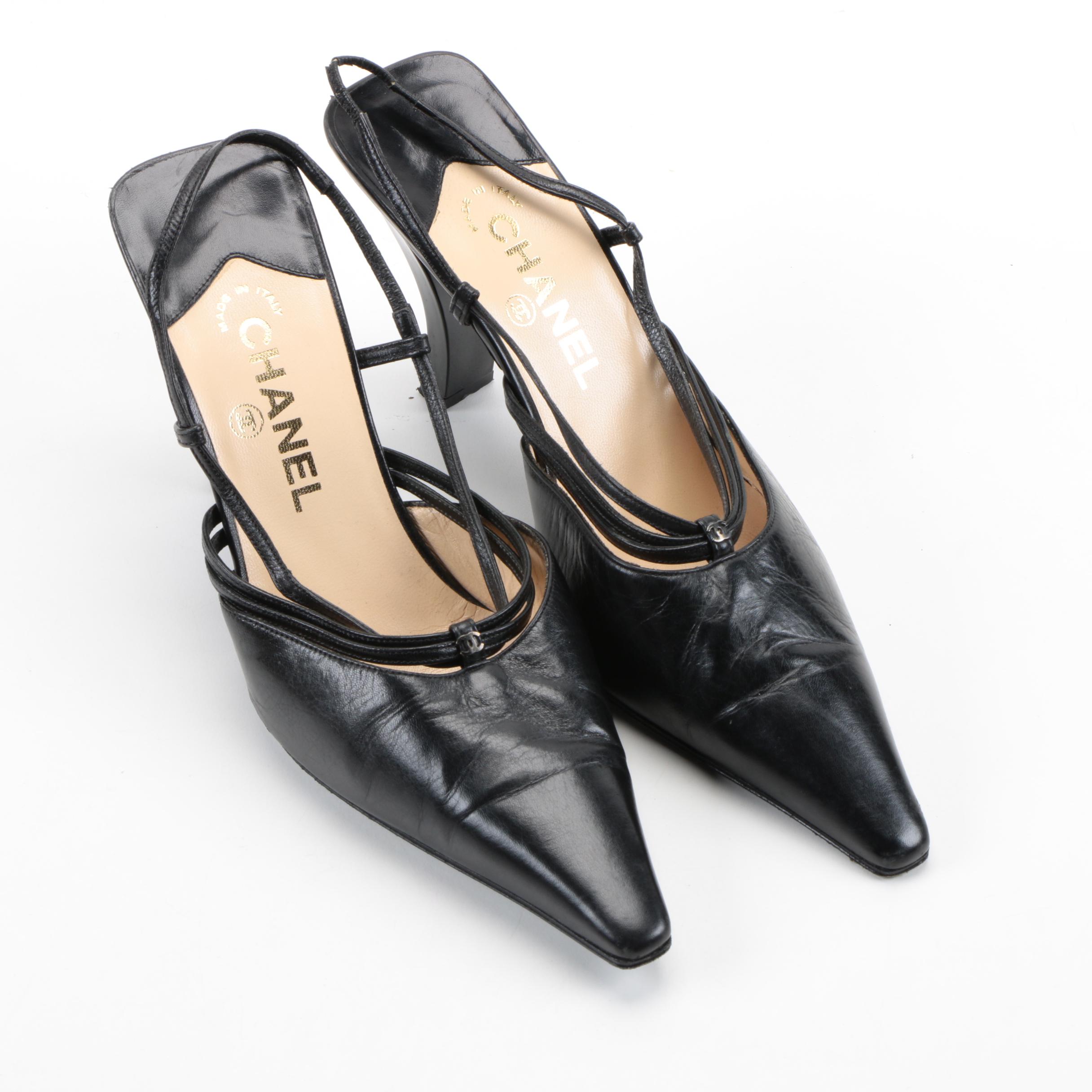 Black Leather Chanel Sling Backs