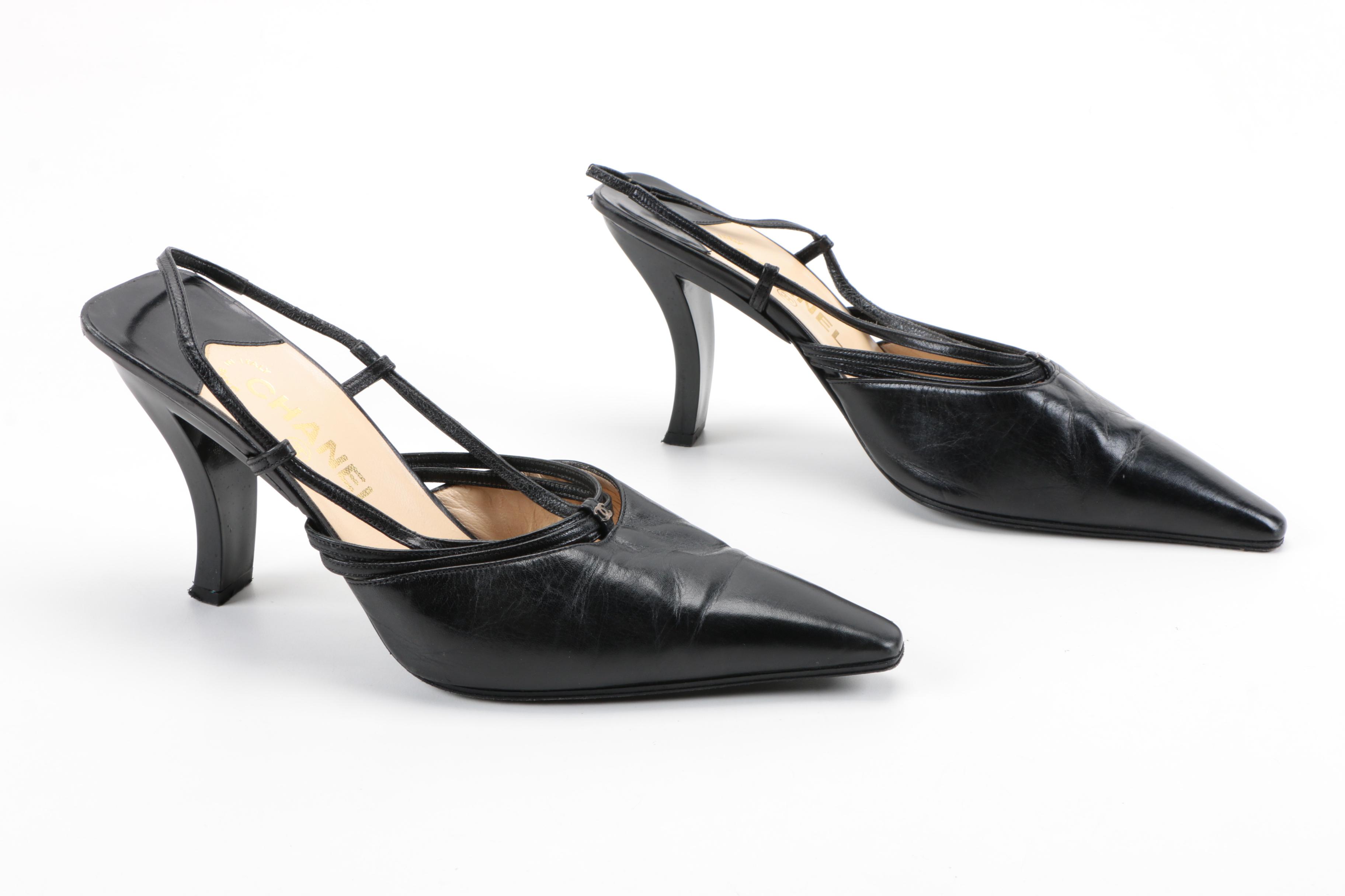 Black Leather Chanel Sling Backs