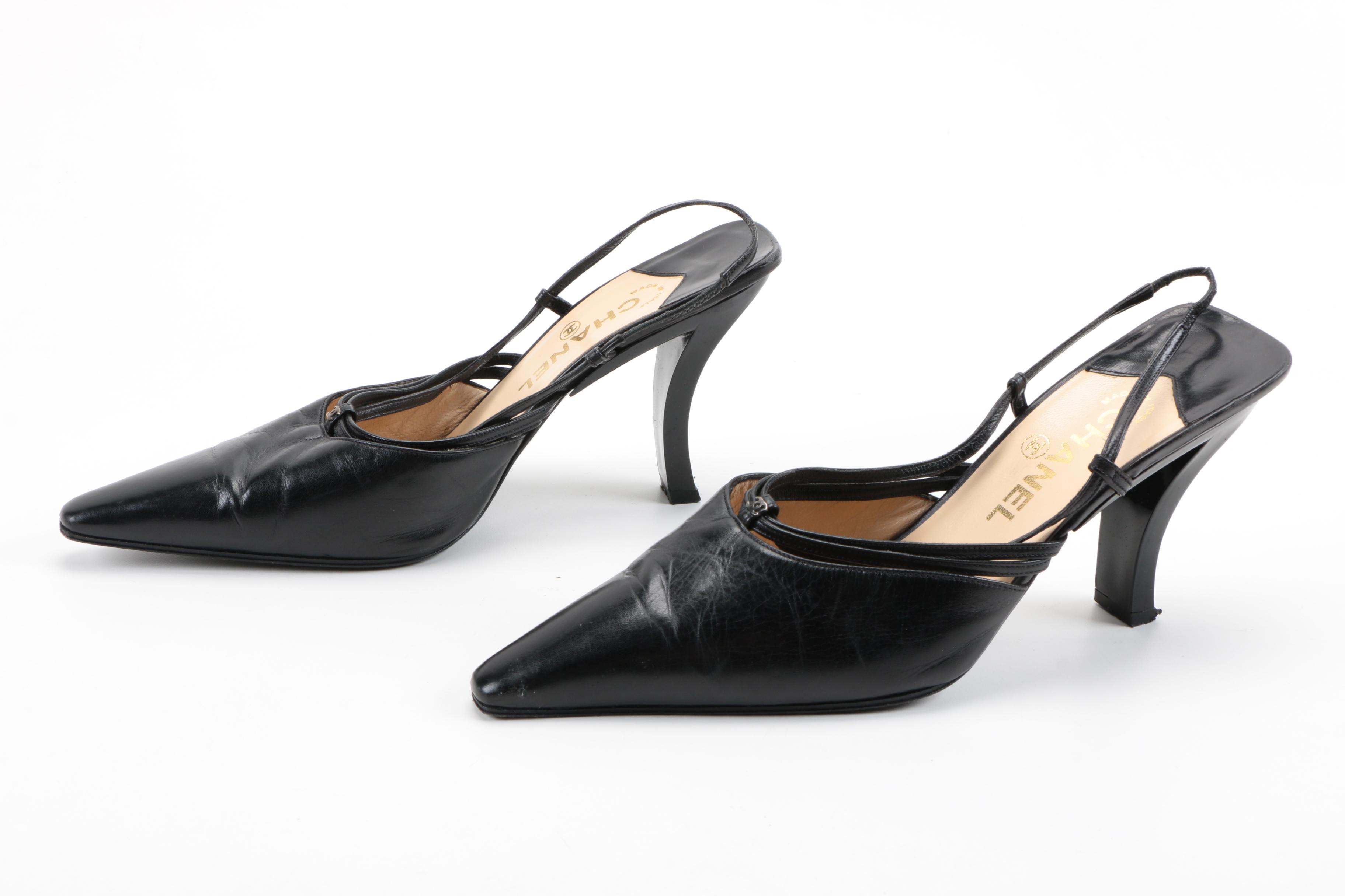 Black Leather Chanel Sling Backs