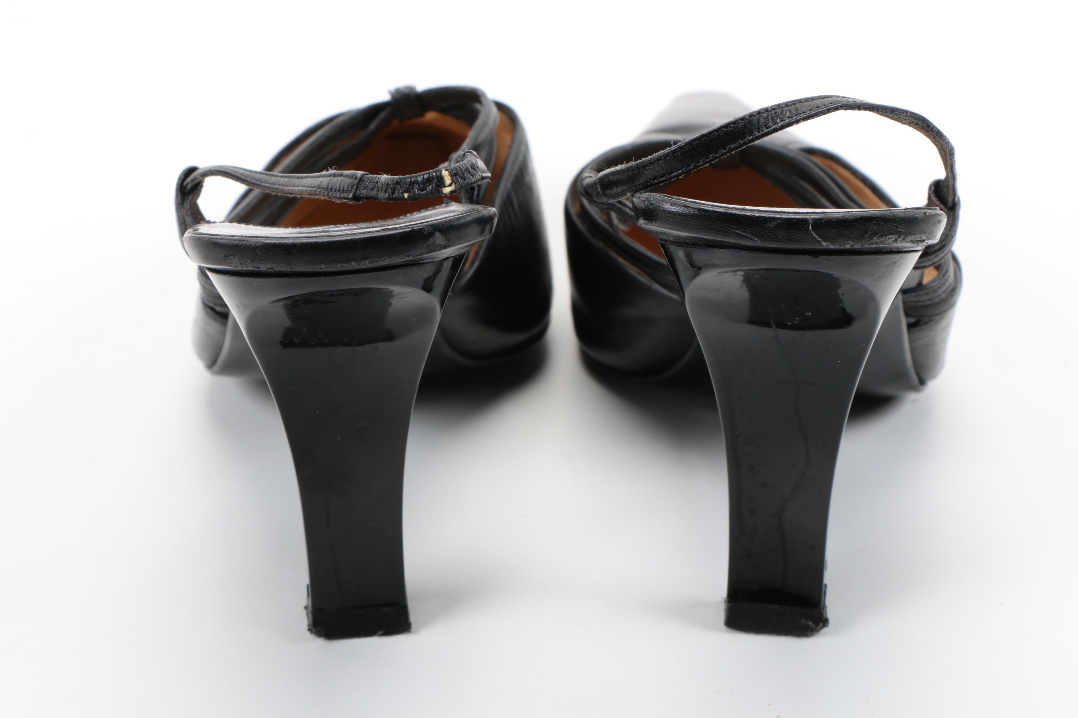 Black Leather Chanel Sling Backs