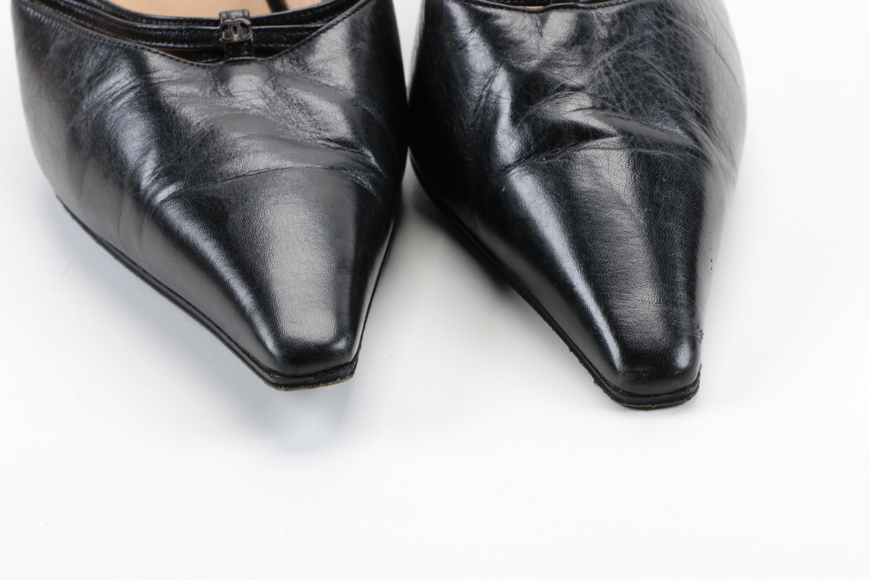 Black Leather Chanel Sling Backs