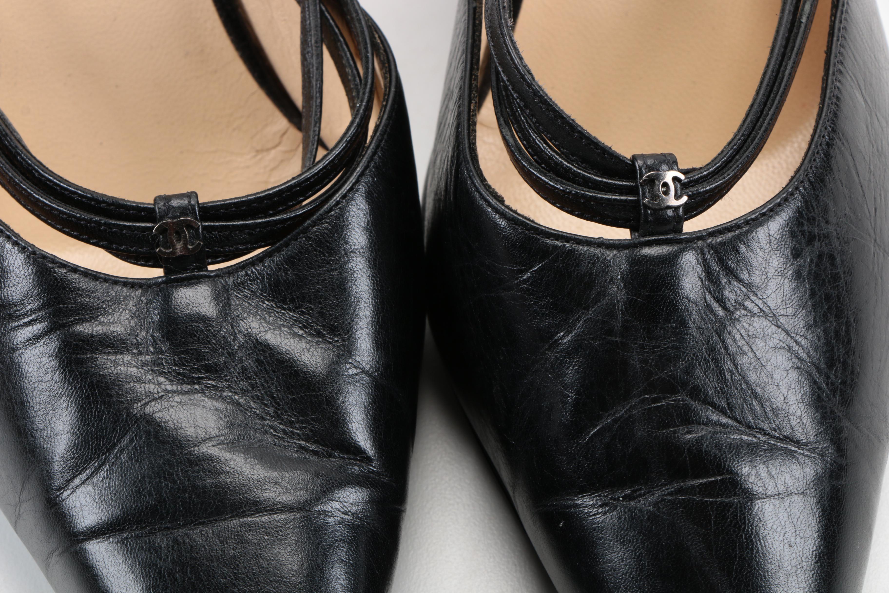 Black Leather Chanel Sling Backs