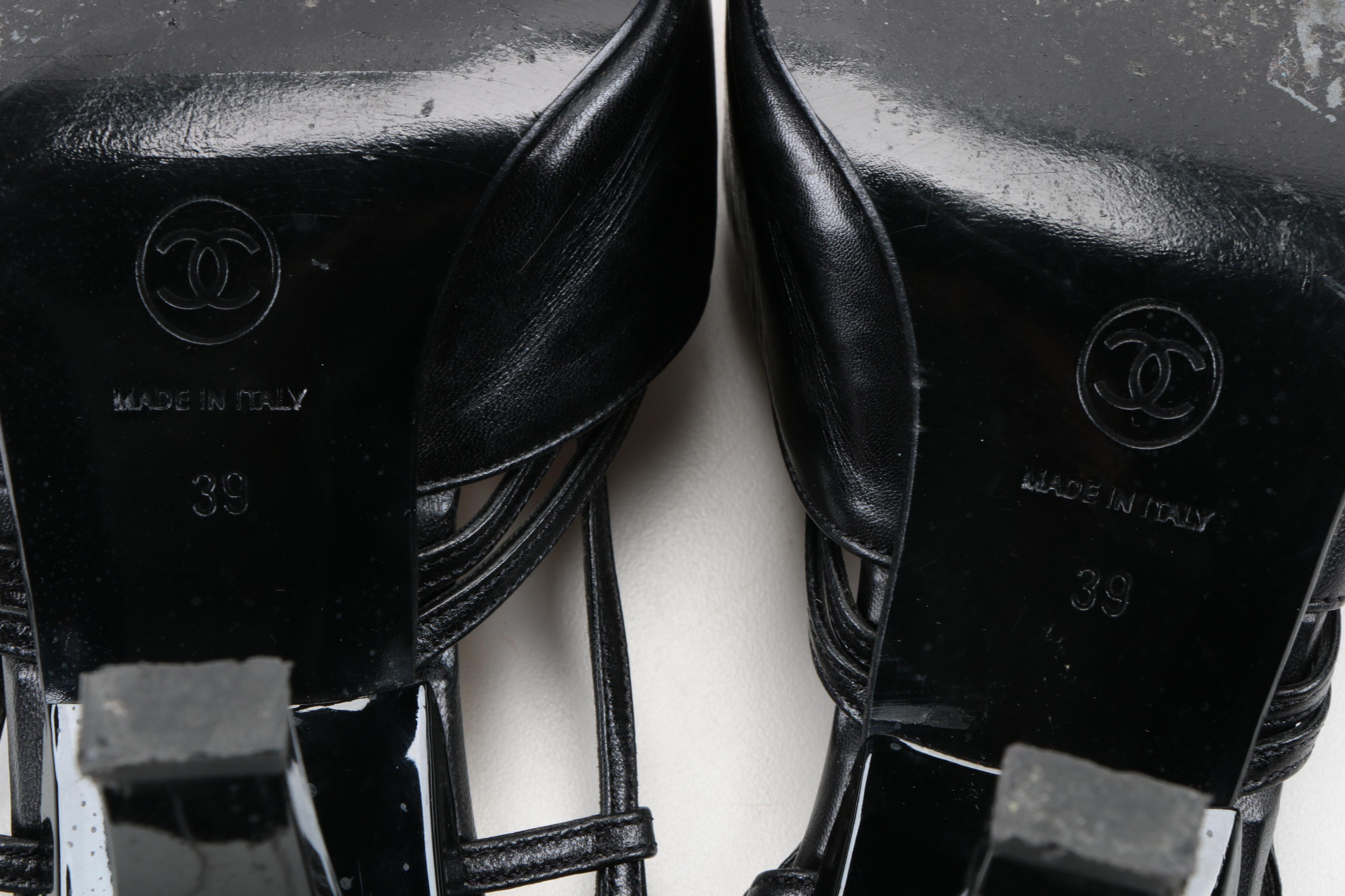 Black Leather Chanel Sling Backs