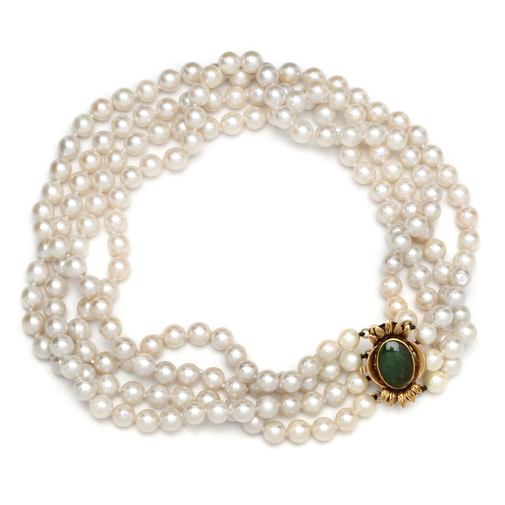 Four Strand Cultured Pearl Choker with 14K Yellow Gold and Jadeite Clasp