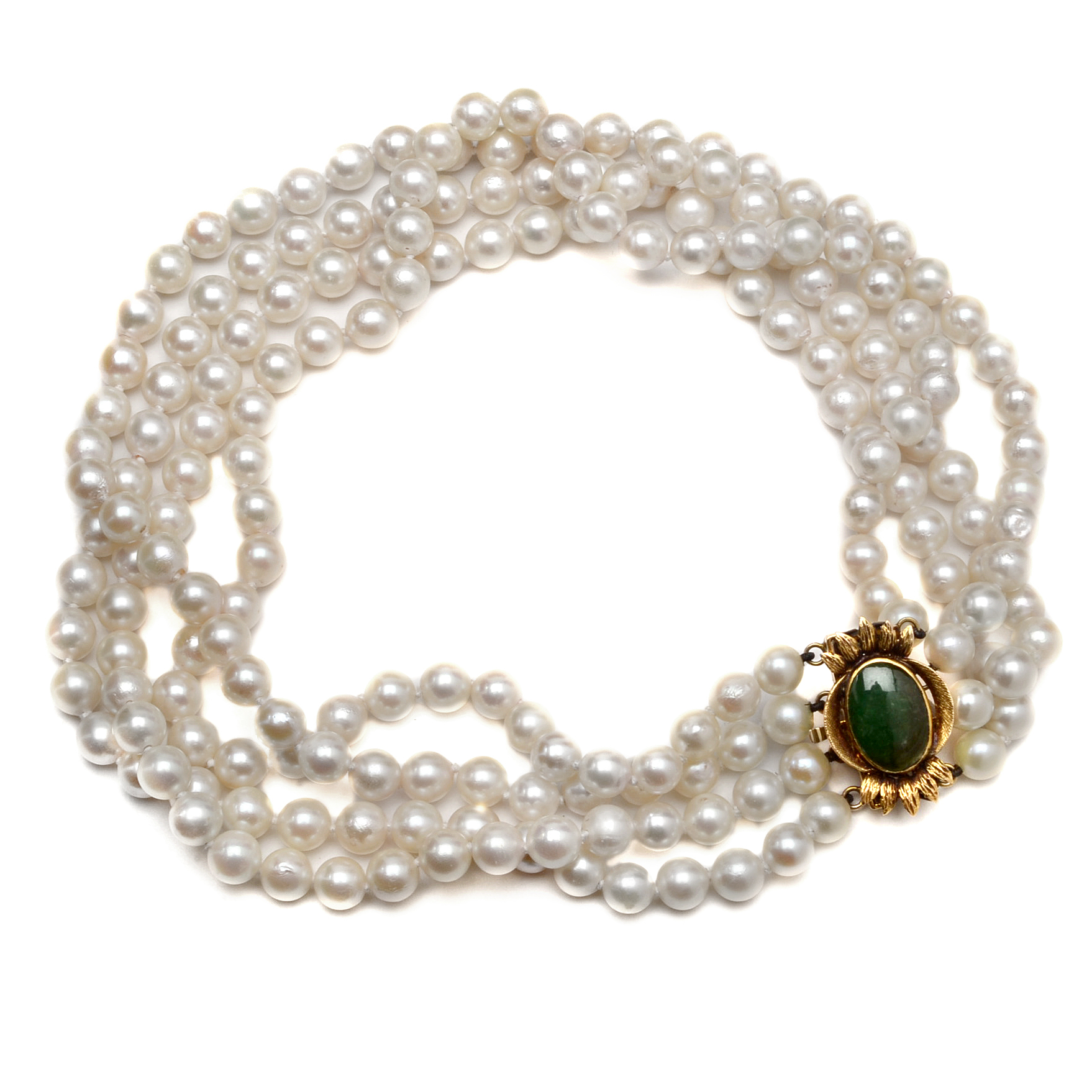 Four Strand Cultured Pearl Choker with 14K Yellow Gold and Jadeite Clasp
