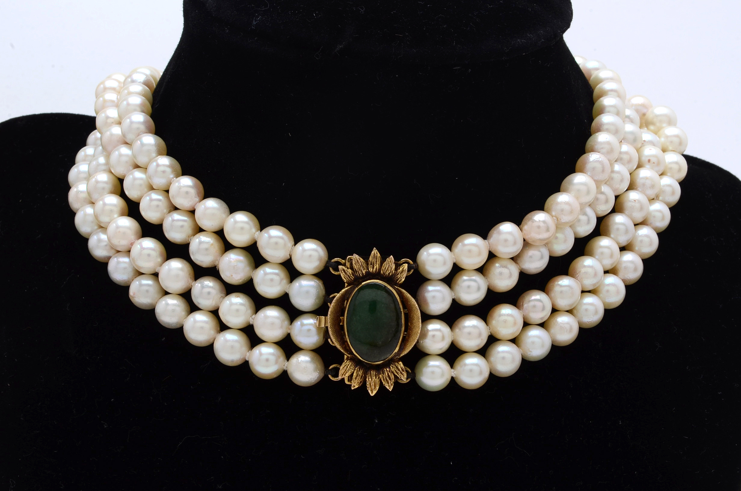 Four Strand Cultured Pearl Choker with 14K Yellow Gold and Jadeite Clasp