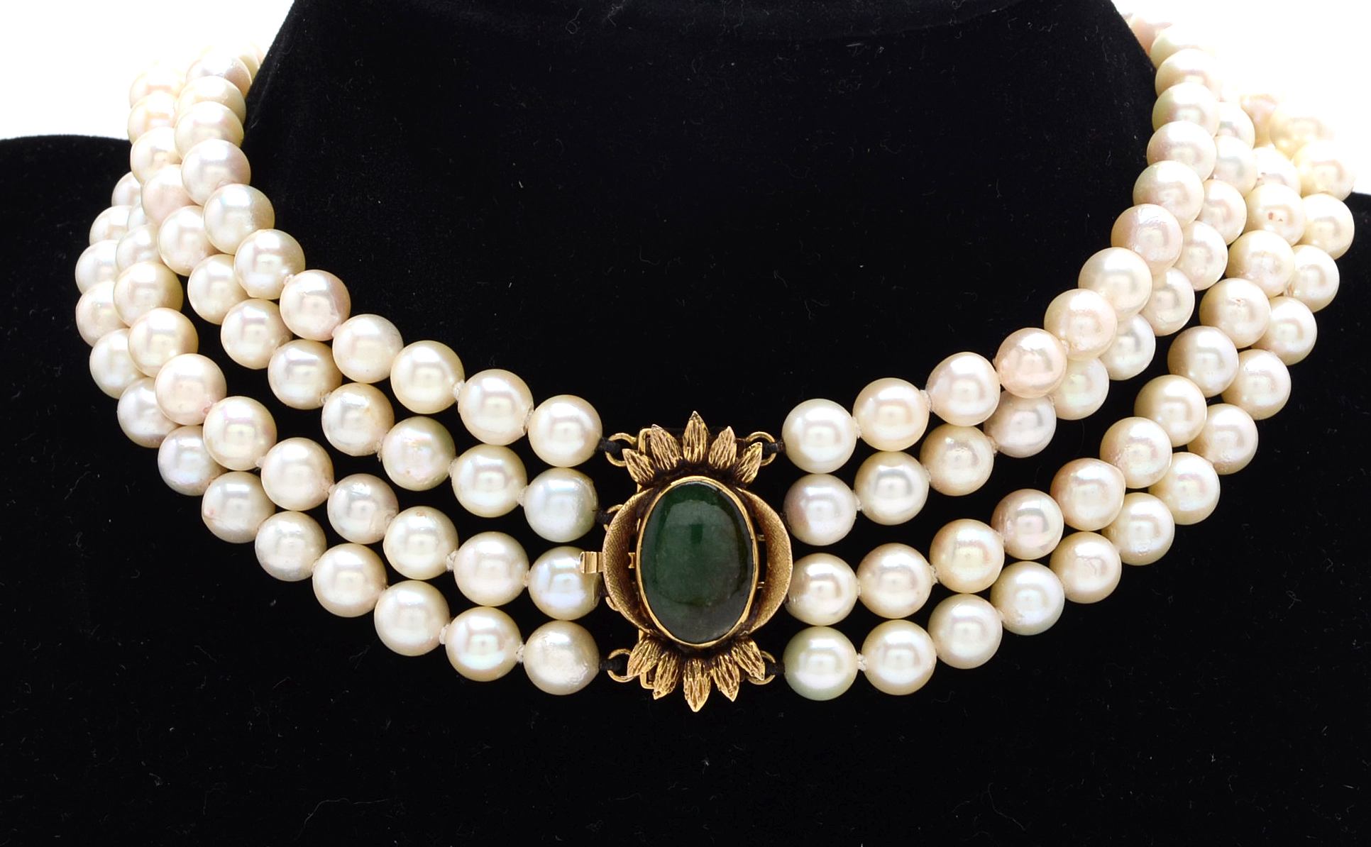 Four Strand Cultured Pearl Choker with 14K Yellow Gold and Jadeite Clasp