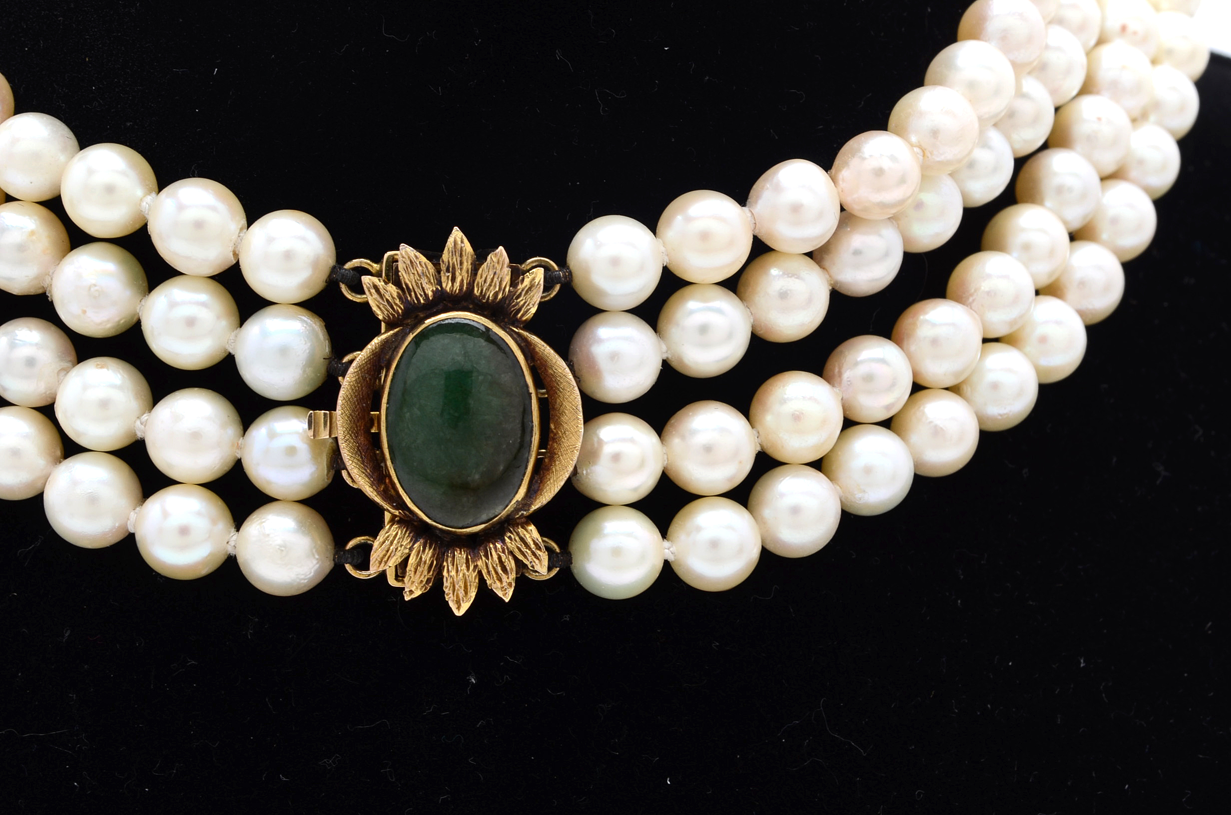 Four Strand Cultured Pearl Choker with 14K Yellow Gold and Jadeite Clasp