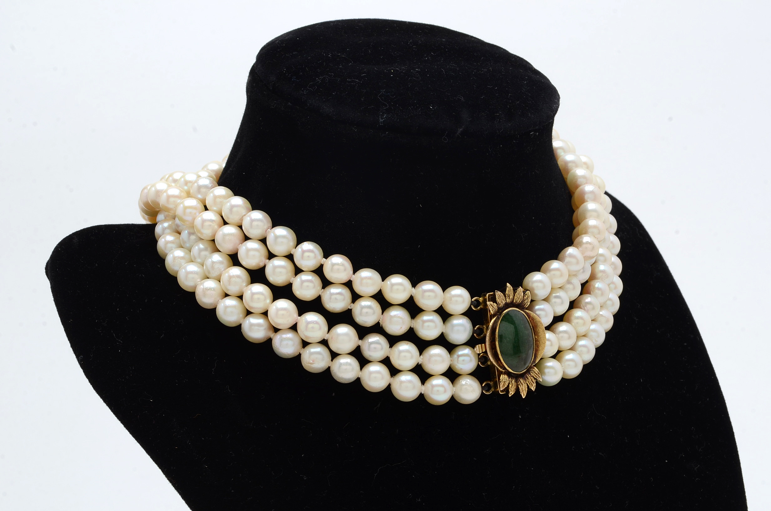 Four Strand Cultured Pearl Choker with 14K Yellow Gold and Jadeite Clasp