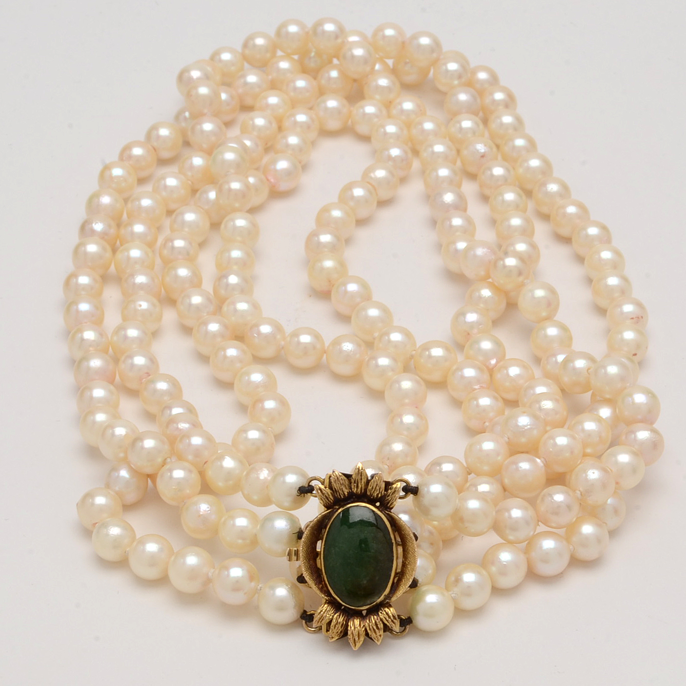 Four Strand Cultured Pearl Choker with 14K Yellow Gold and Jadeite Clasp