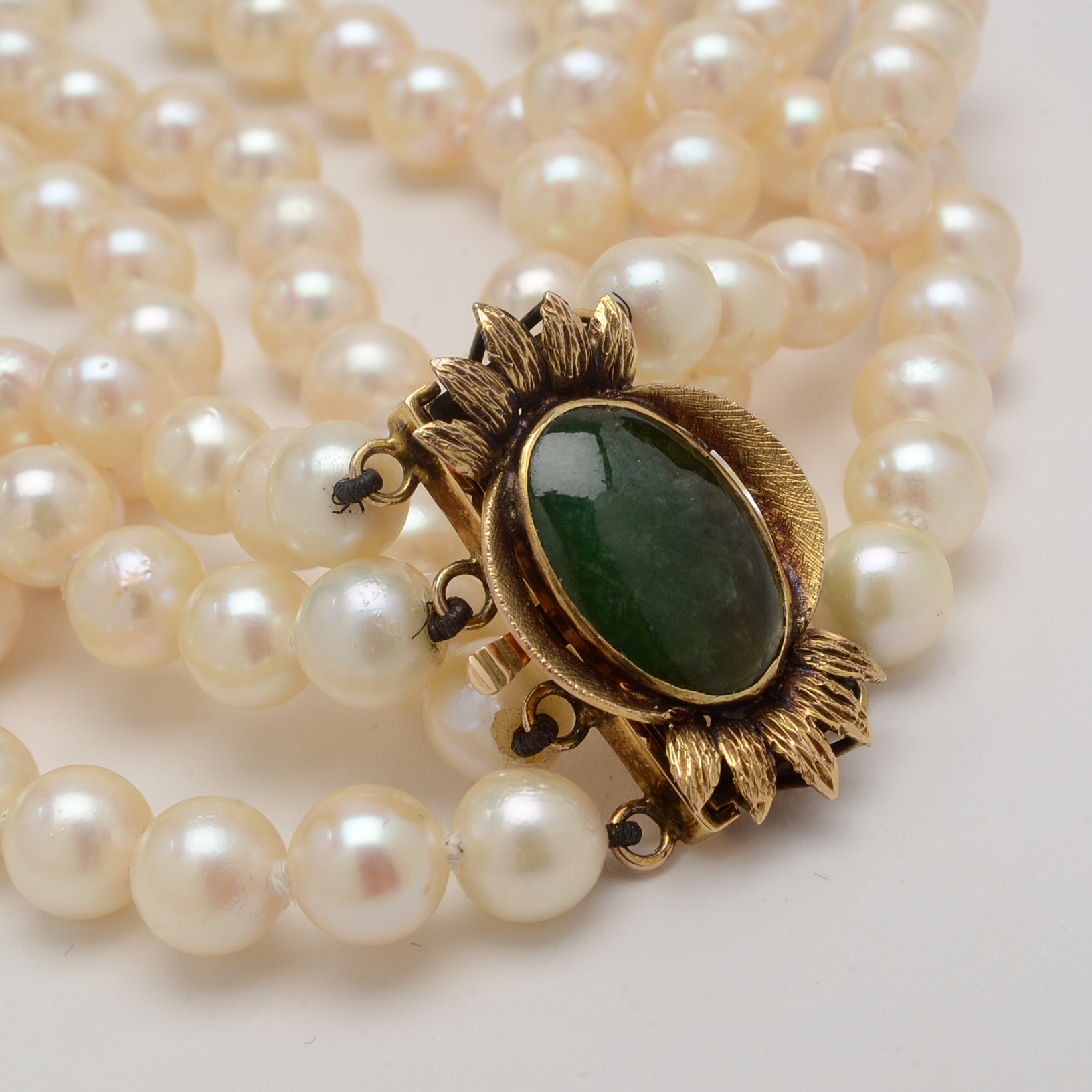 Four Strand Cultured Pearl Choker with 14K Yellow Gold and Jadeite Clasp