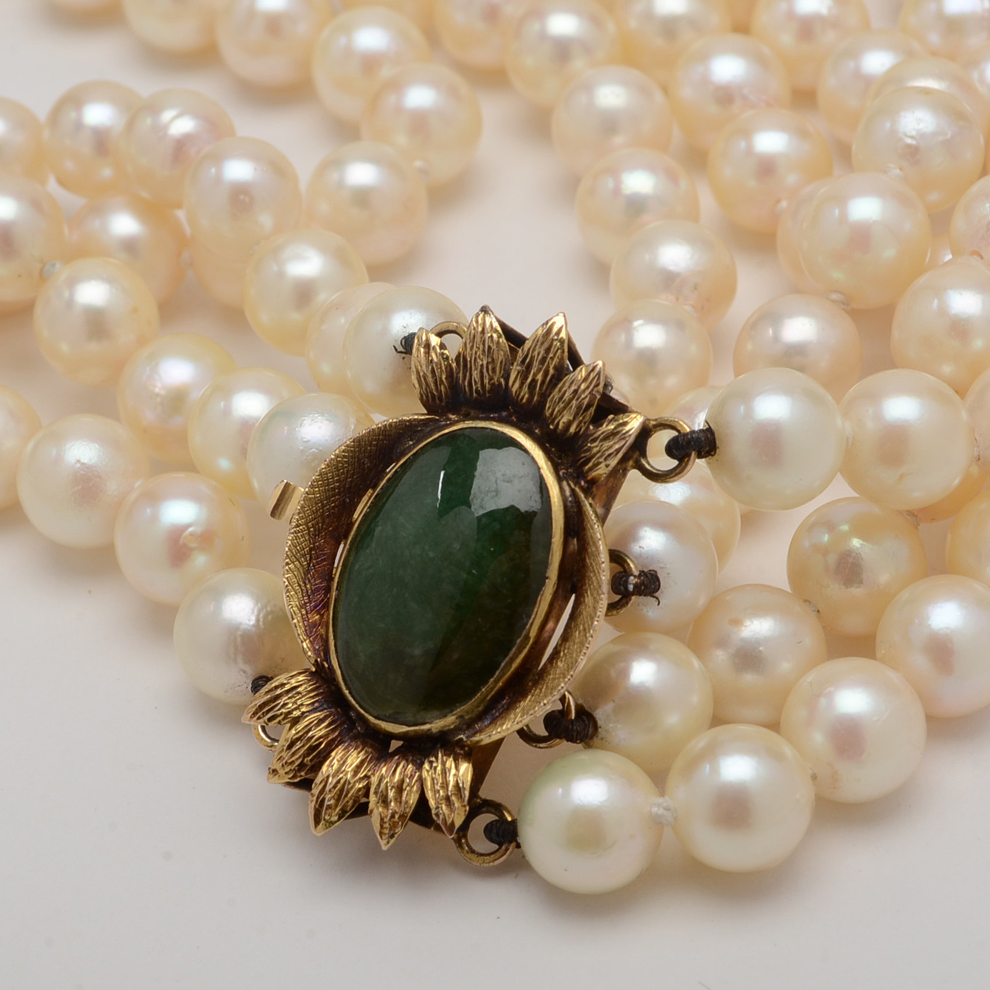 Four Strand Cultured Pearl Choker with 14K Yellow Gold and Jadeite Clasp