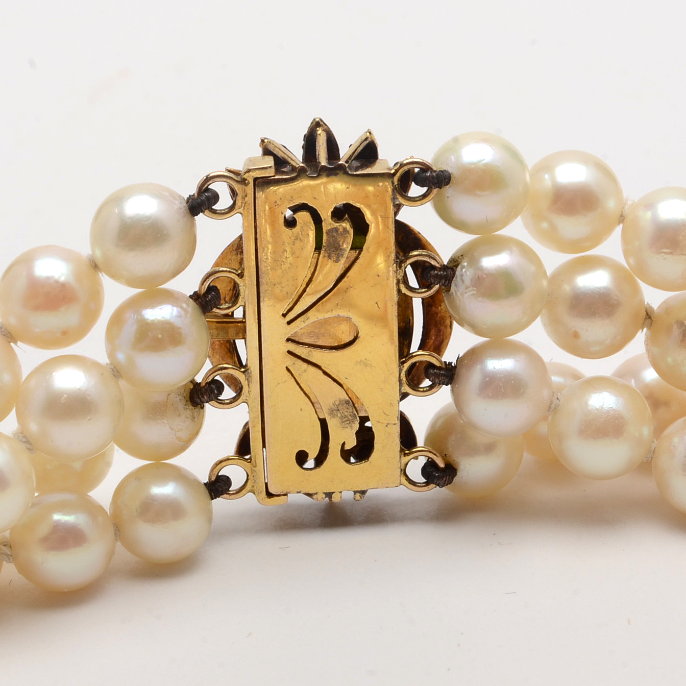 Four Strand Cultured Pearl Choker with 14K Yellow Gold and Jadeite Clasp