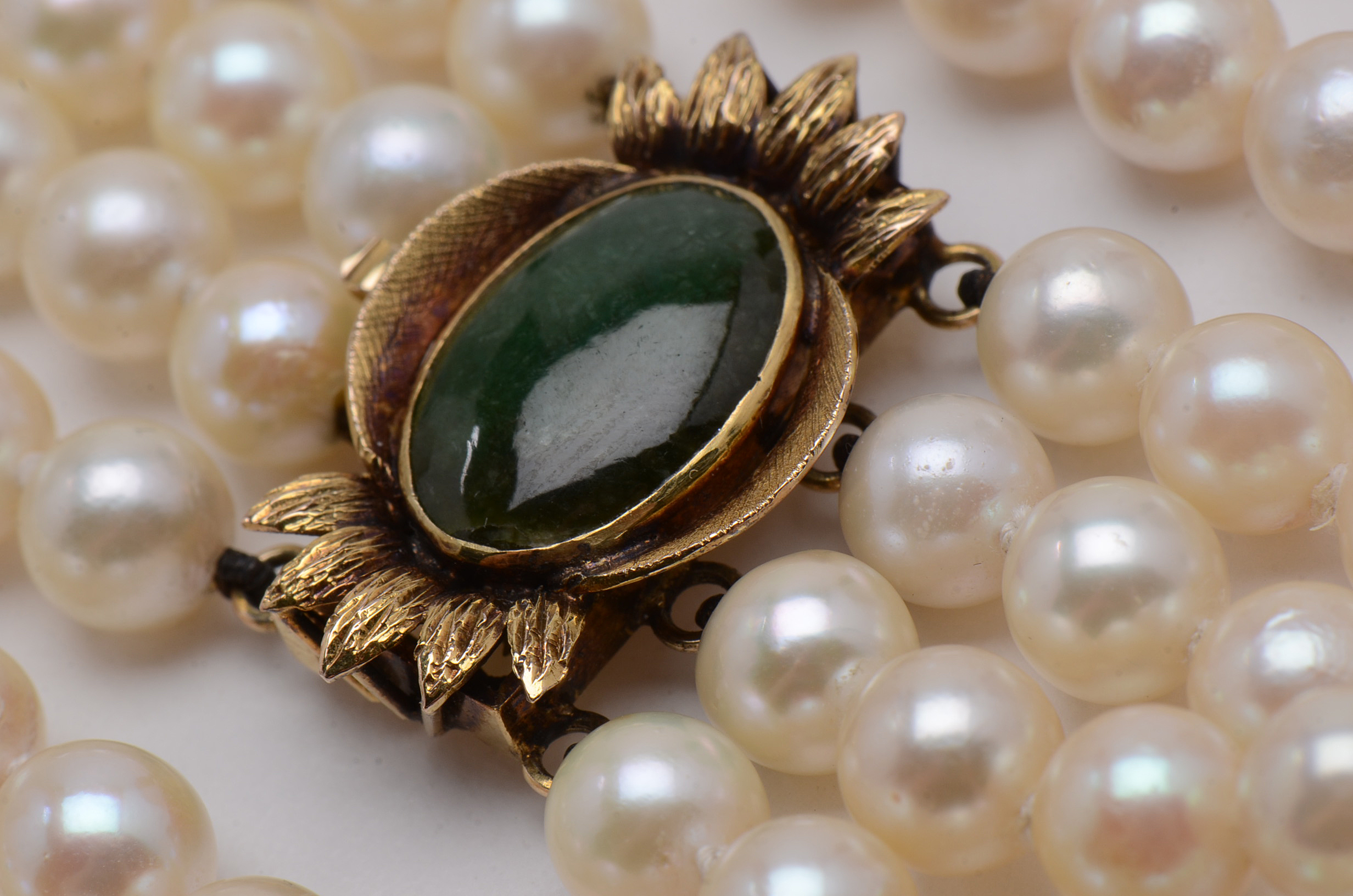 Four Strand Cultured Pearl Choker with 14K Yellow Gold and Jadeite Clasp