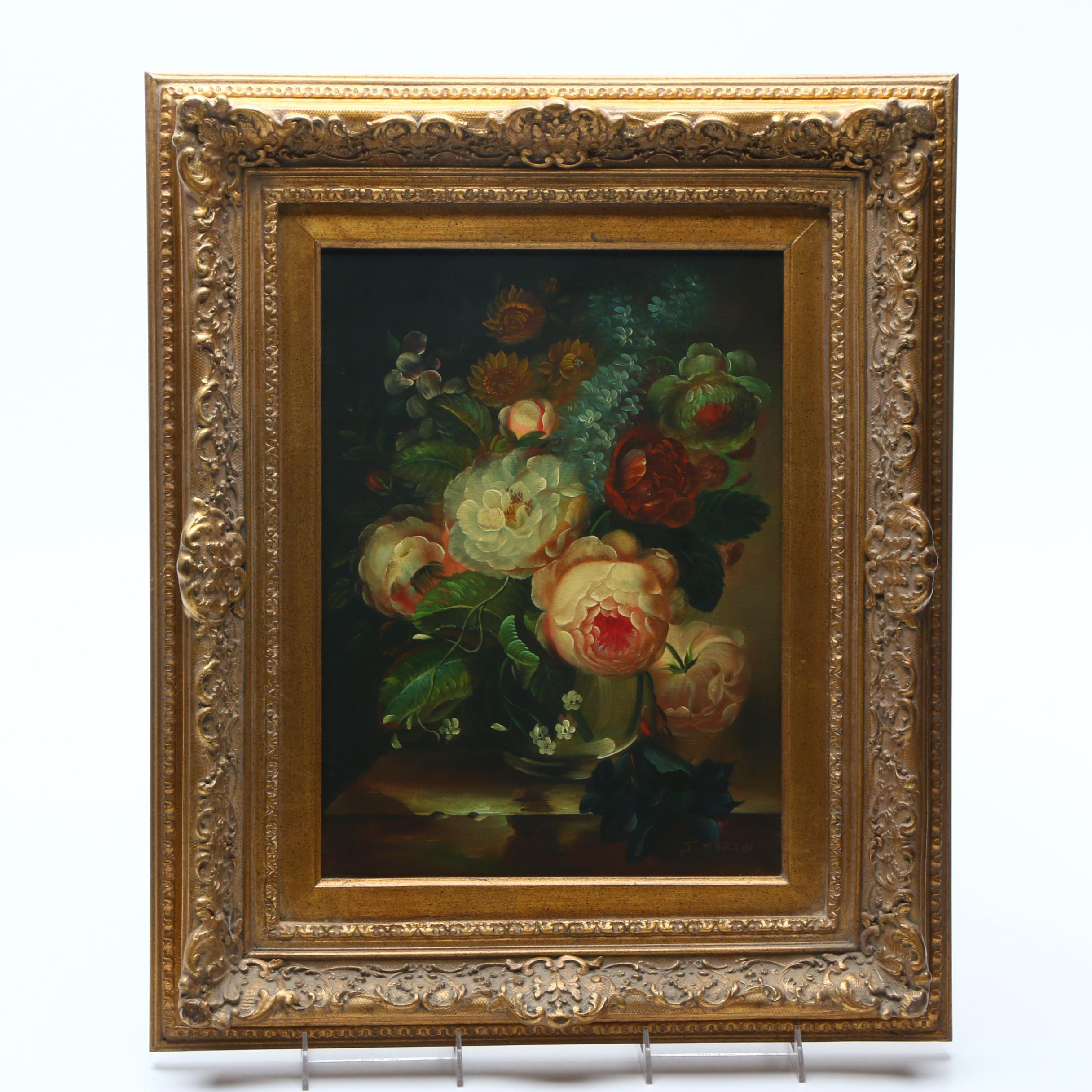 J. Martin Oil Painting on Canvas of Floral Still Life