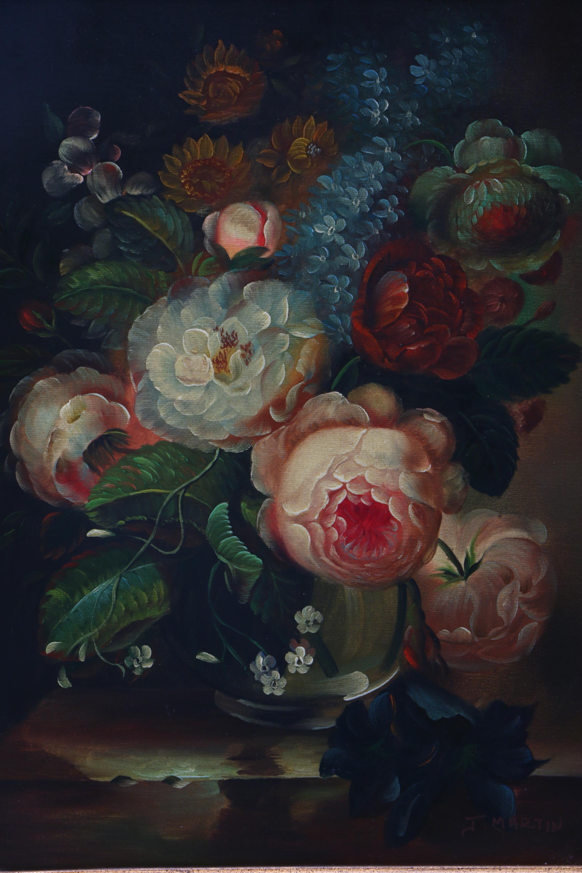 J. Martin Oil Painting on Canvas of Floral Still Life